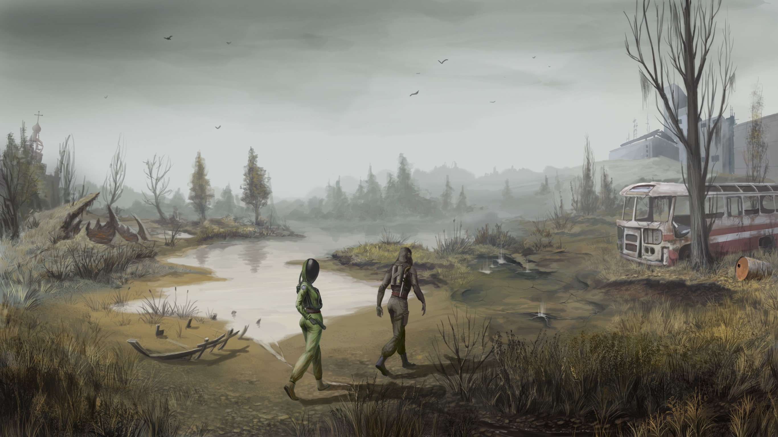 Two figures walk through a foggy swamp with a ruined bus. HD Wallpaper
