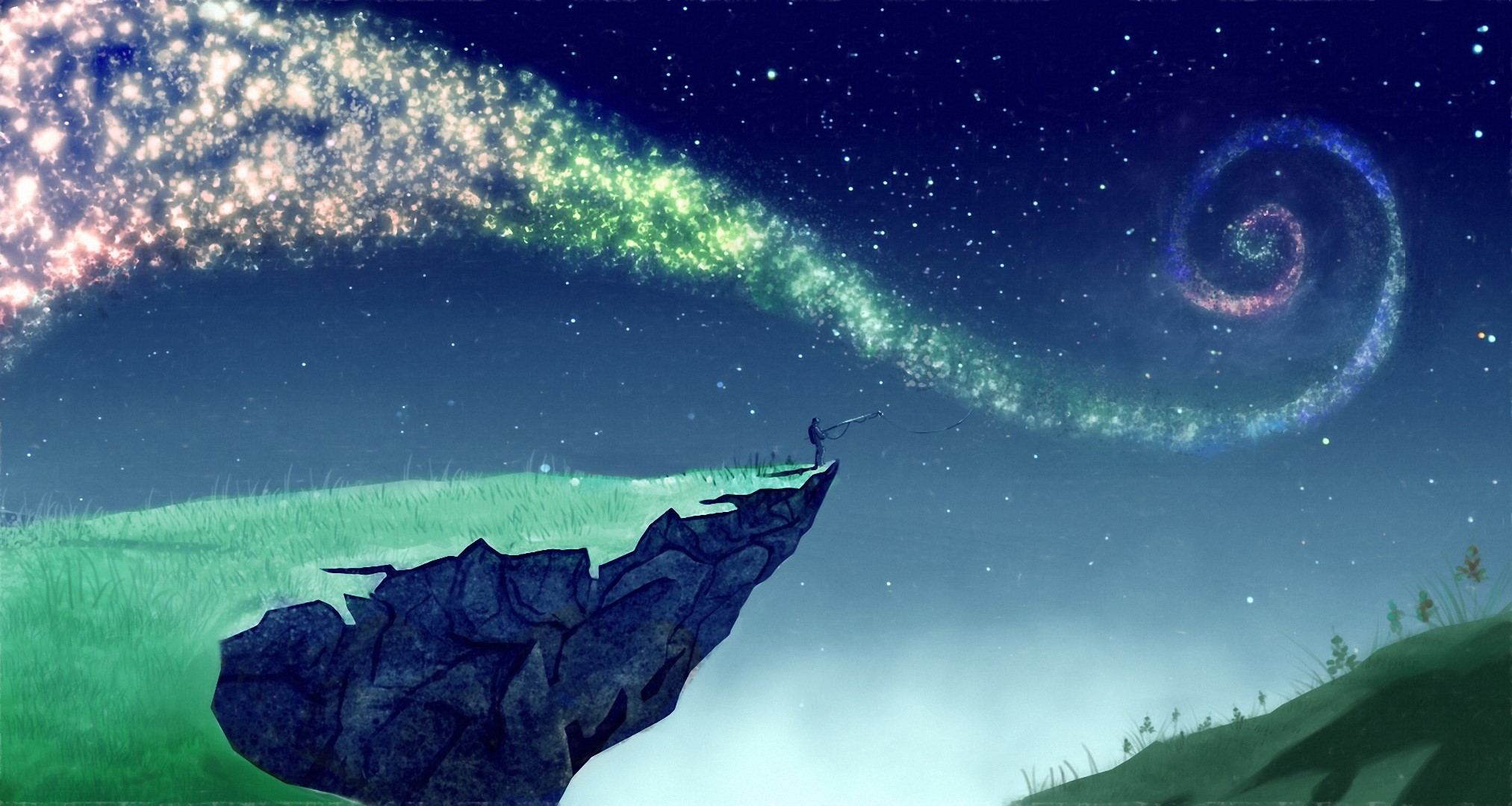 Person fishing on a cliff under a starry sky with a colorful nebula HD Wallpaper
