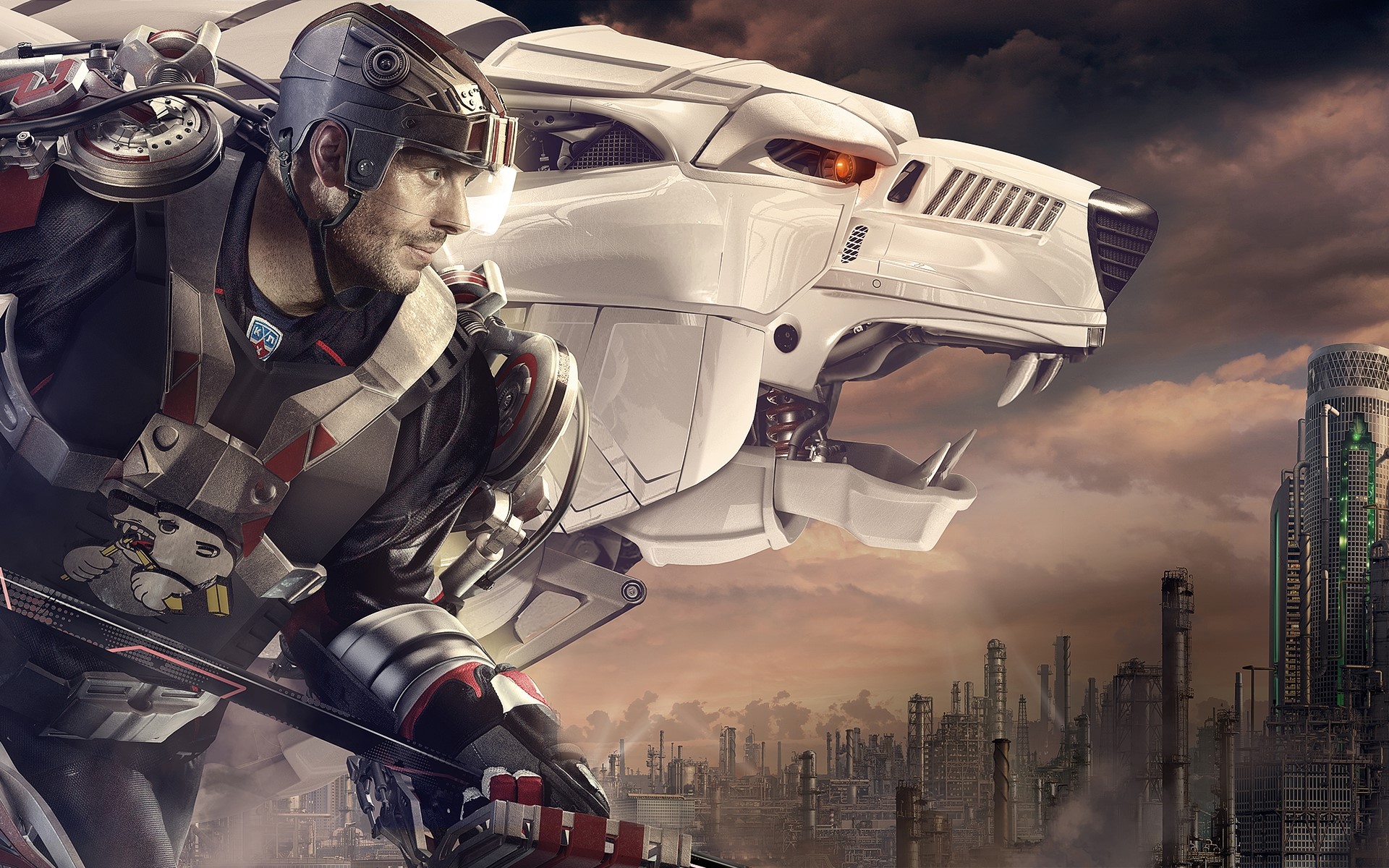 Man in futuristic hockey gear with robotic lion HD Wallpaper