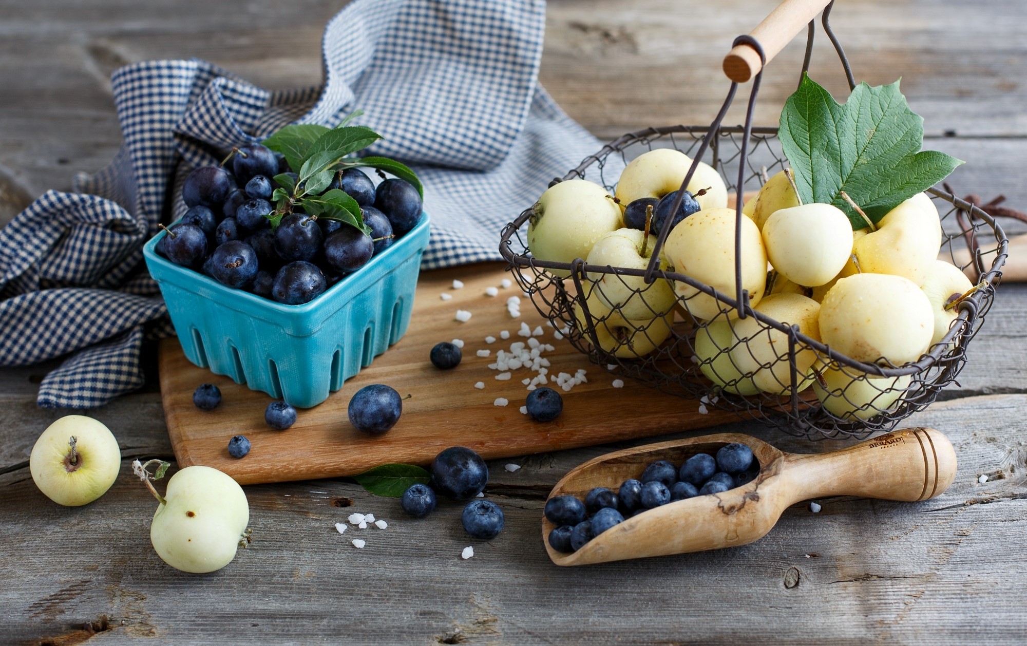 Plums, Blueberries, and Apples in a Still Life HD Wallpaper