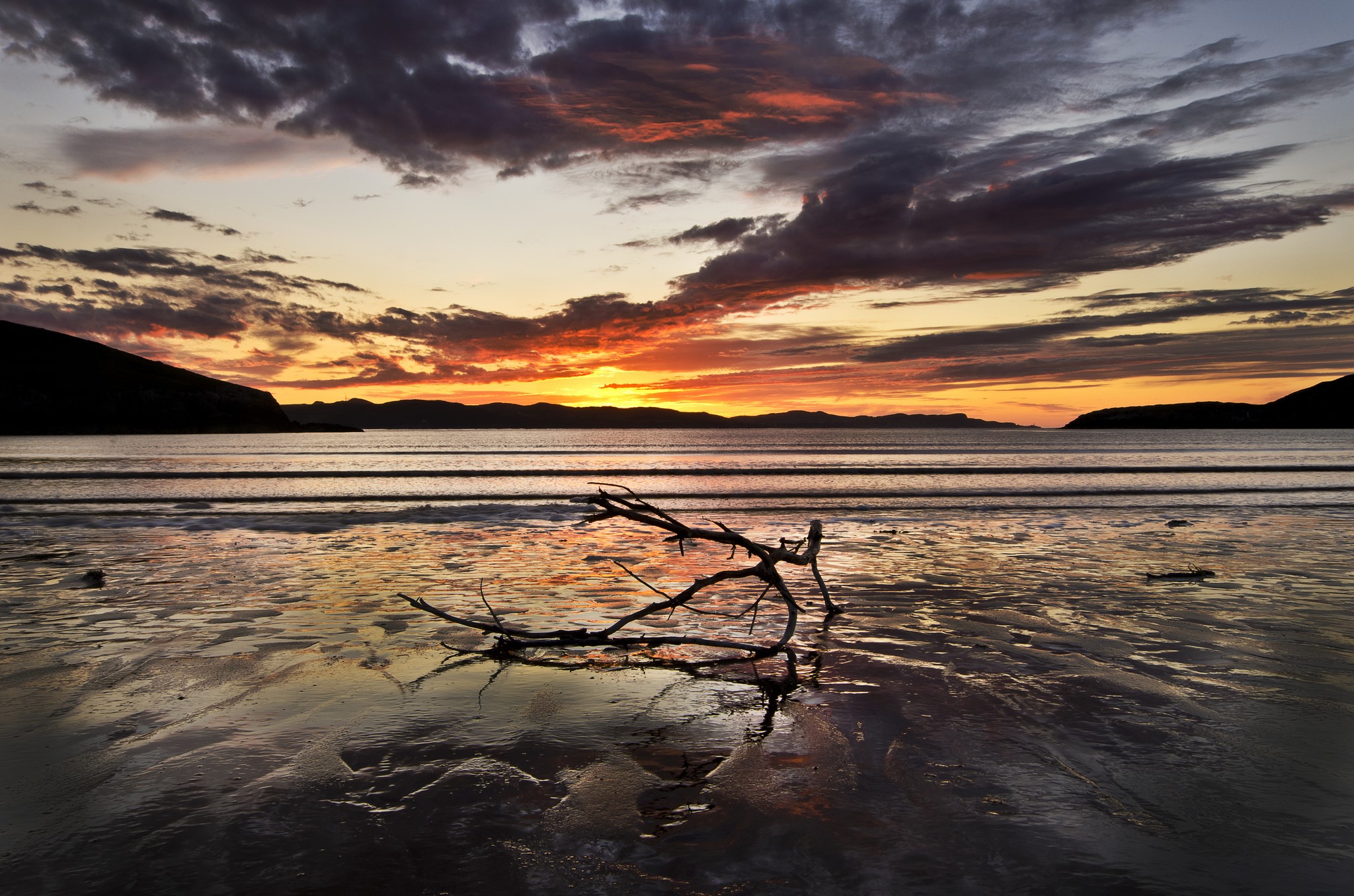 Sunset over the sea with driftwood on the beach HD Wallpaper