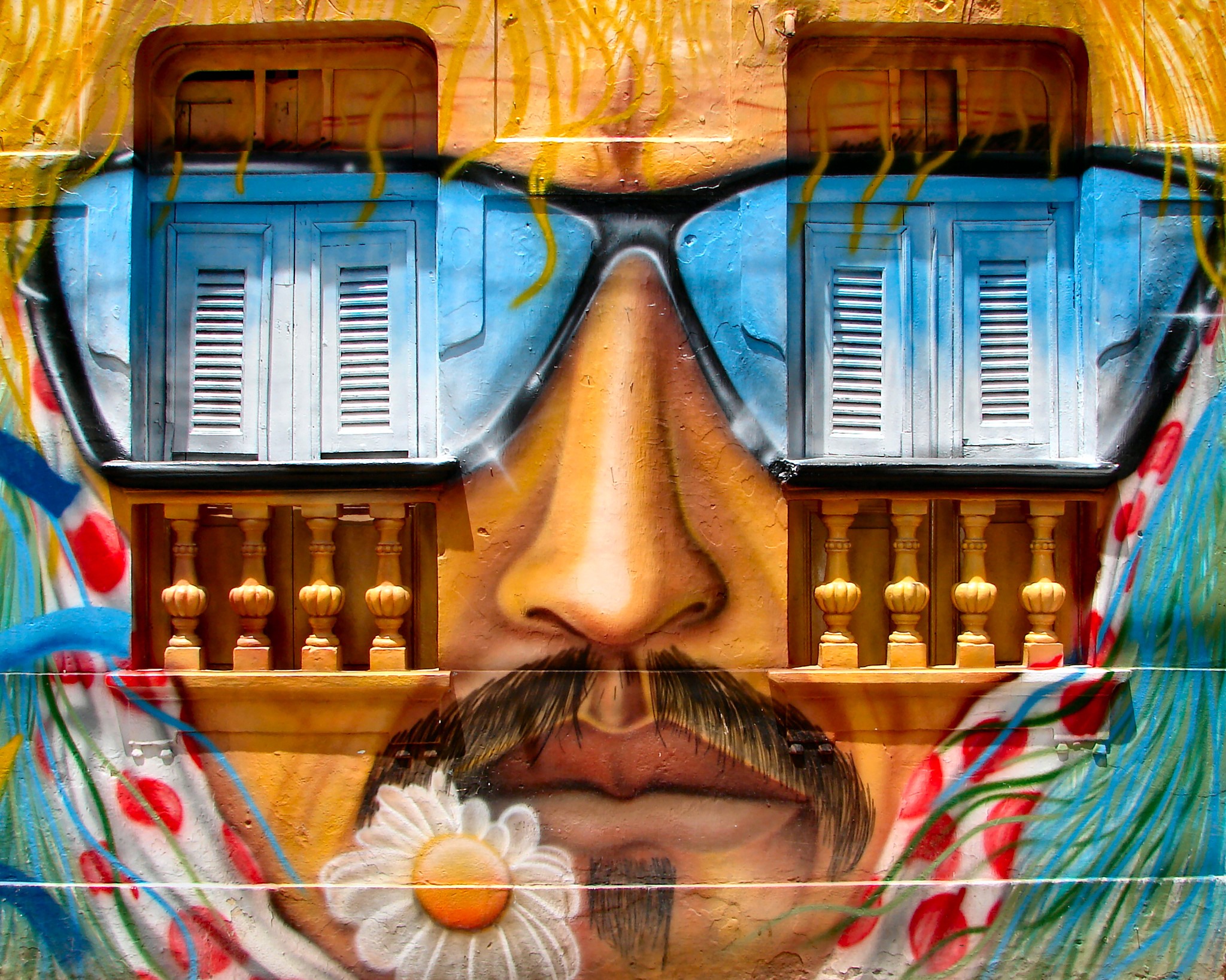 Graffiti of a man wearing sunglasses with windows as eyes HD Wallpaper
