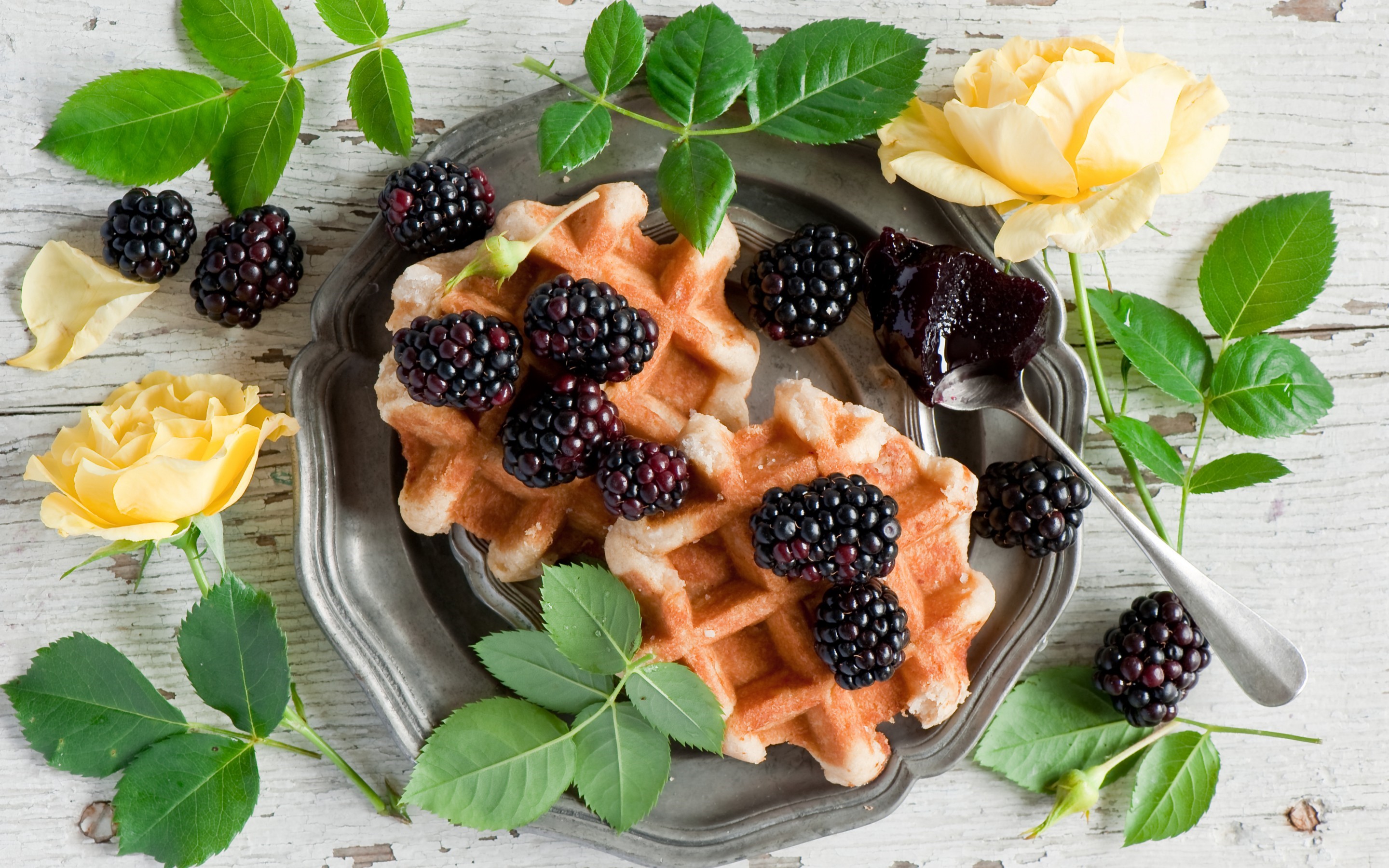 Waffles with Blackberries and Yellow Roses HD Wallpaper