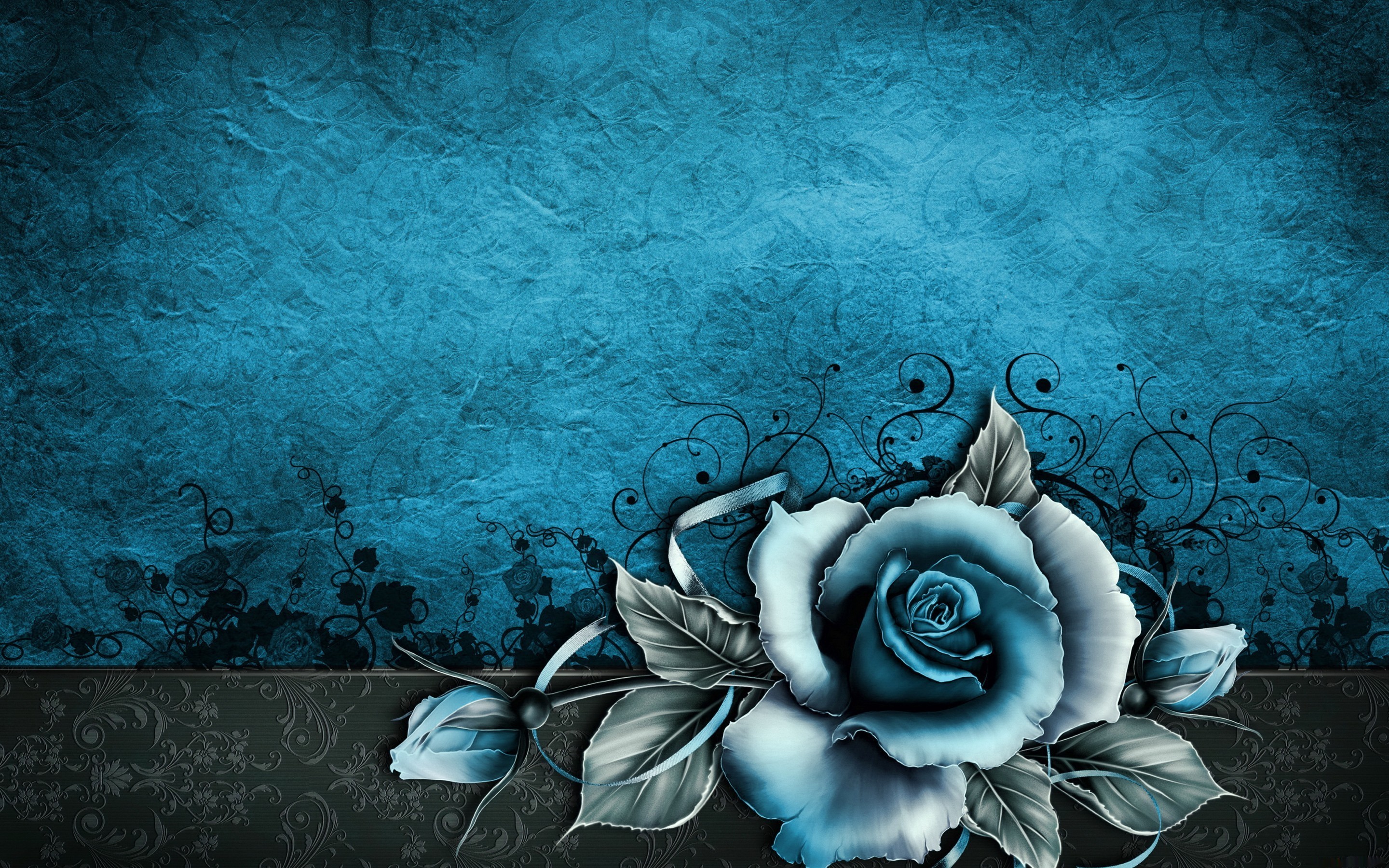 Blue rose with floral ornaments on textured background HD Wallpaper