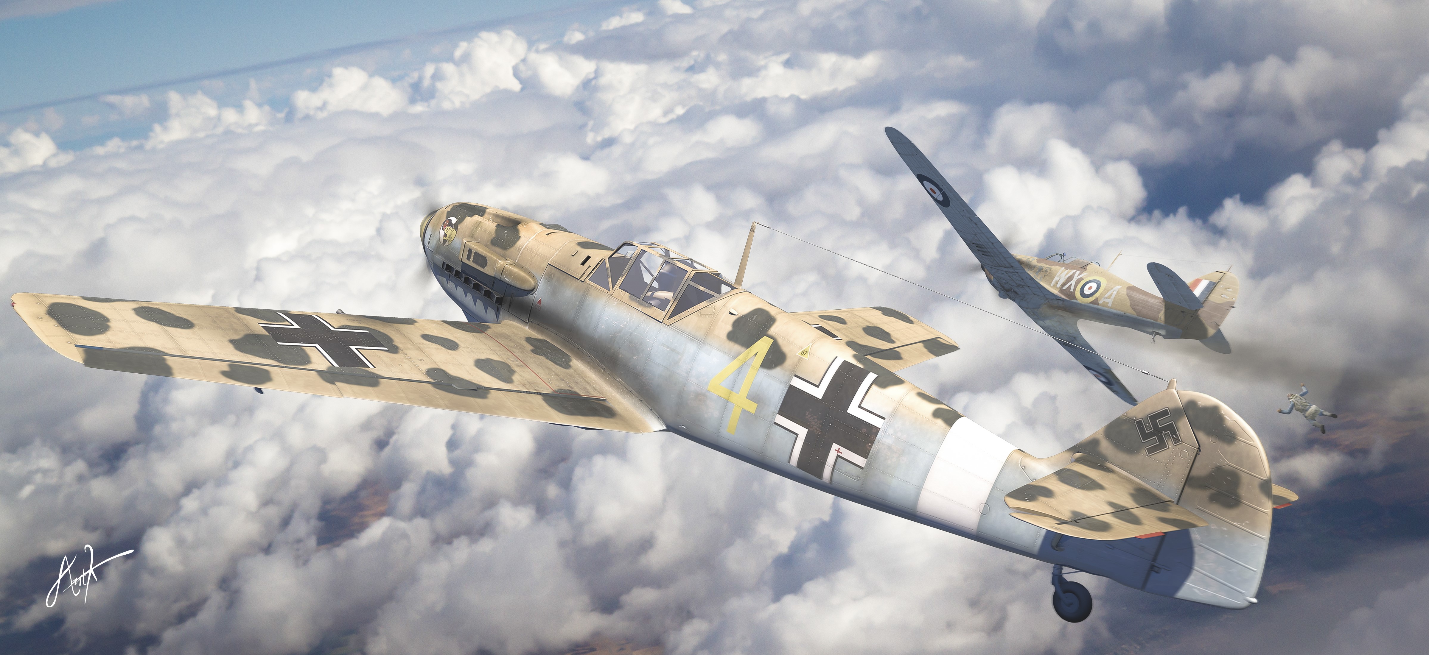 4K Painting of Messerschmitt Bf-109 Air Combat HD Wallpaper