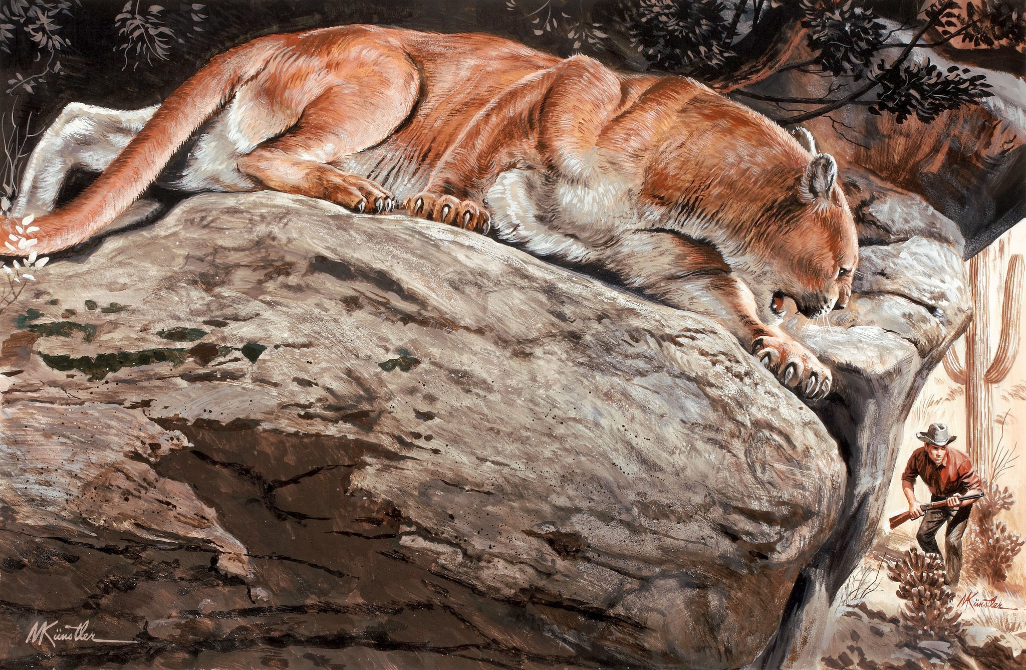 Mountain lion on a rock facing a cowboy with a rifle HD Wallpaper