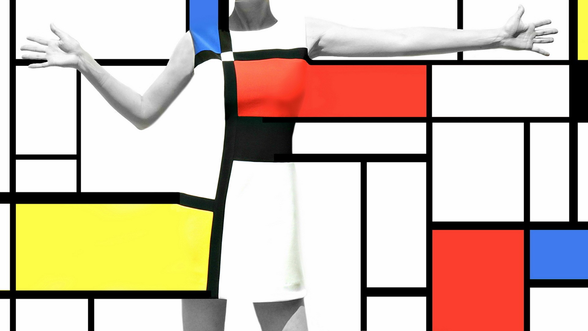 Woman in Mondrian-style dress with arms outstretched HD Wallpaper