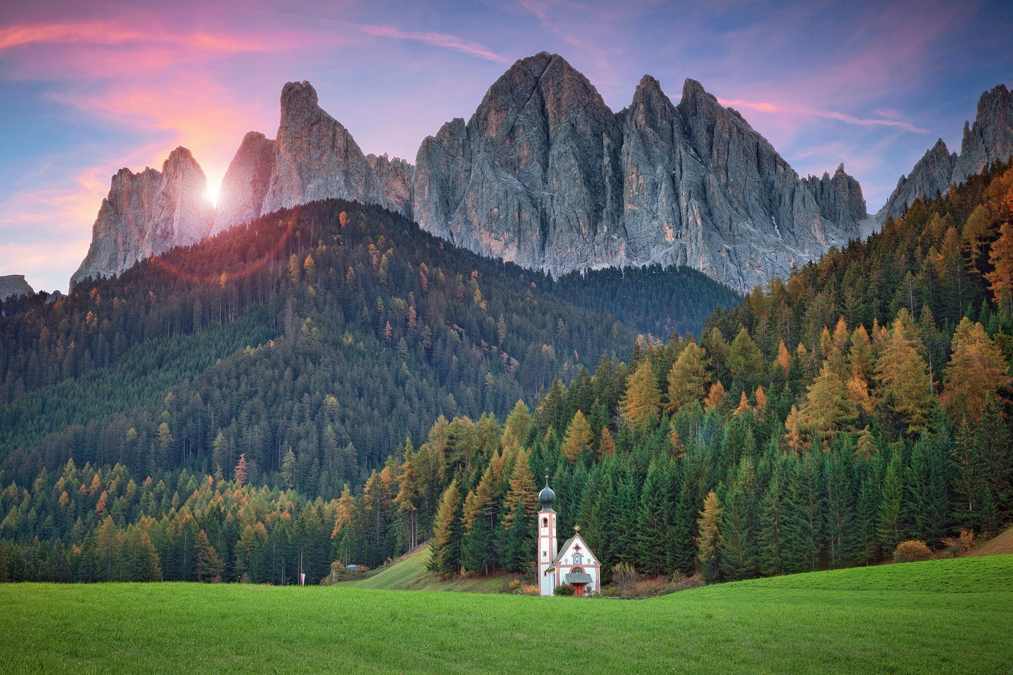 Church in Funes, Dolomites, Italy at Sunset HD Wallpaper