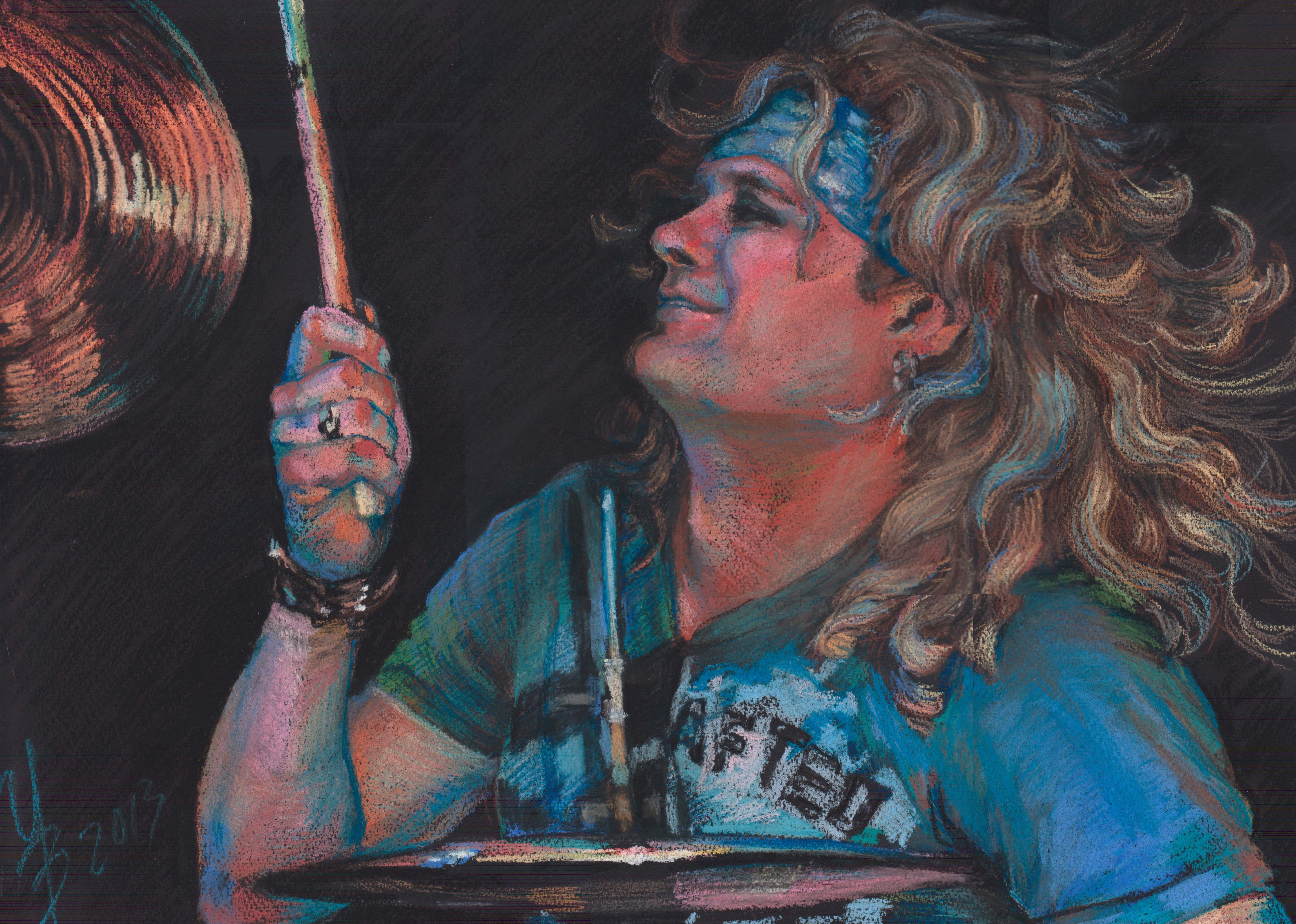 Drummer playing drums, pastel painting HD Wallpaper