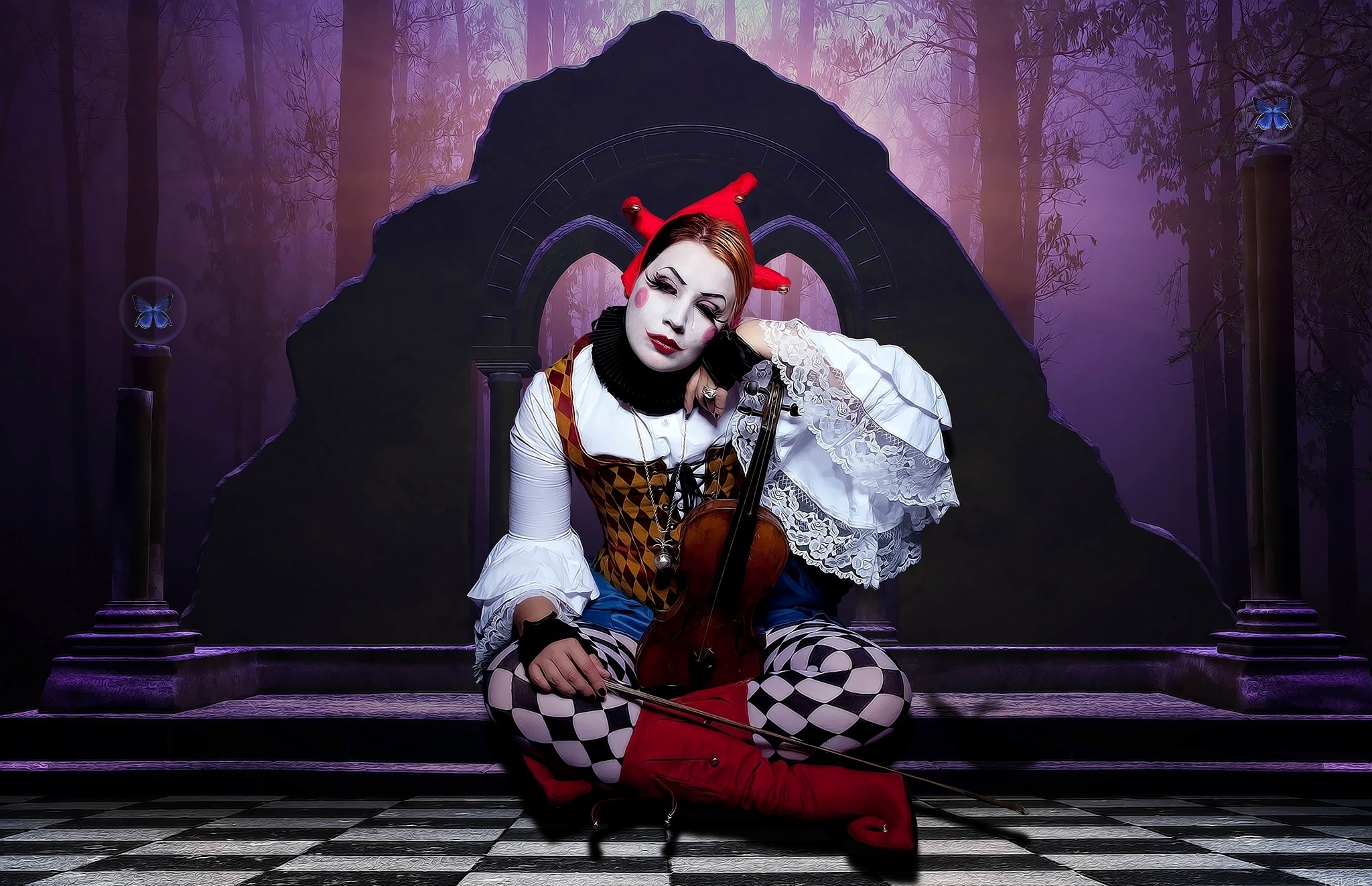 Jester with Violin in a Dark Forest HD Wallpaper