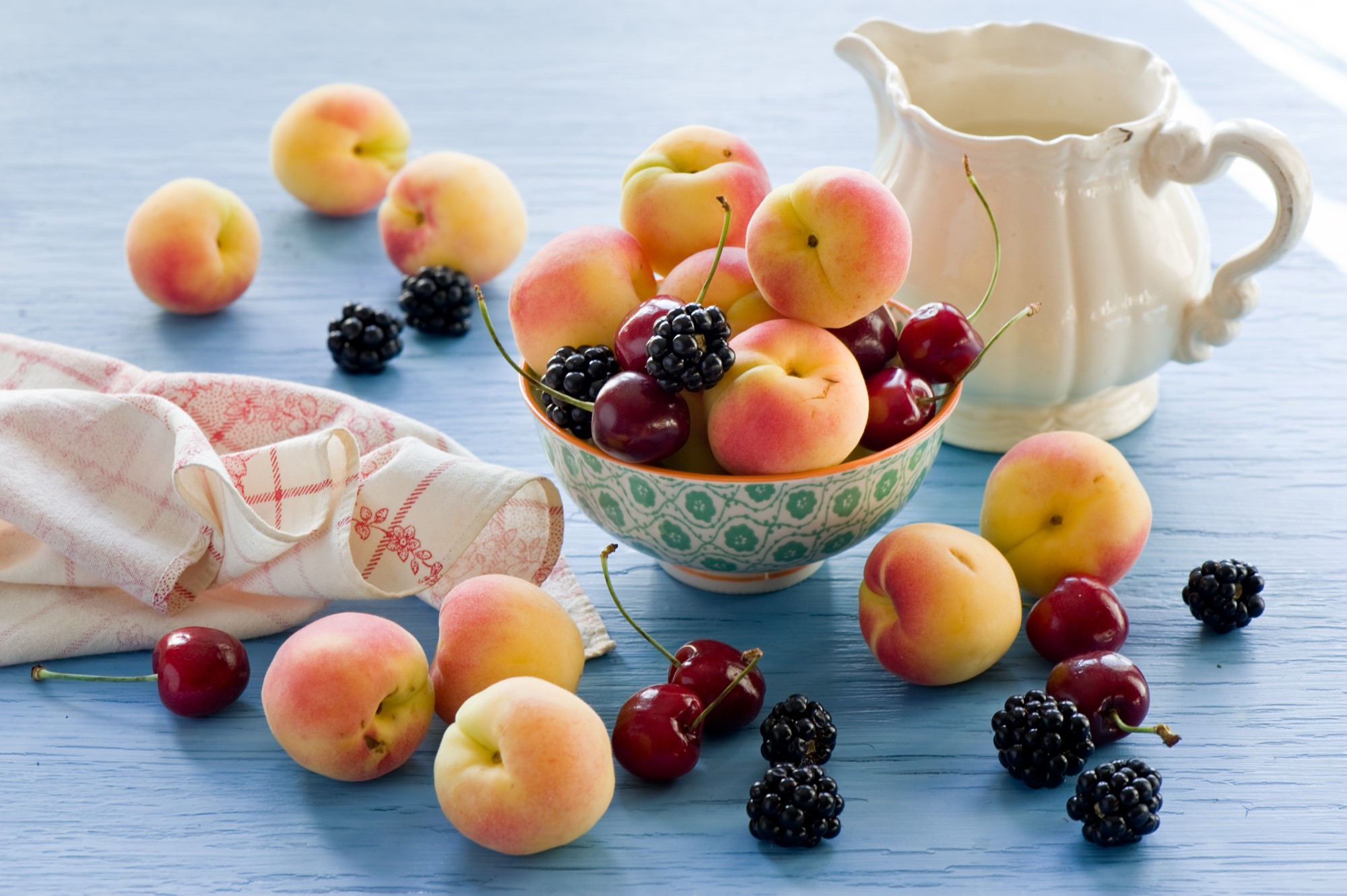 Peaches, Cherries, and Blackberries in a Bowl with a Jug HD Wallpaper
