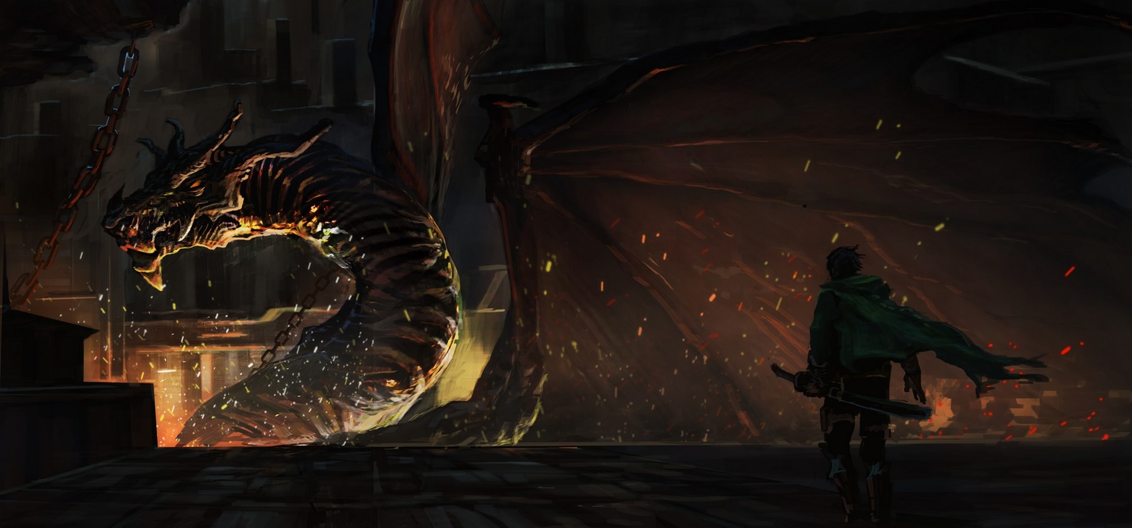 Dragon and Warrior in a Dark Forge HD Wallpaper