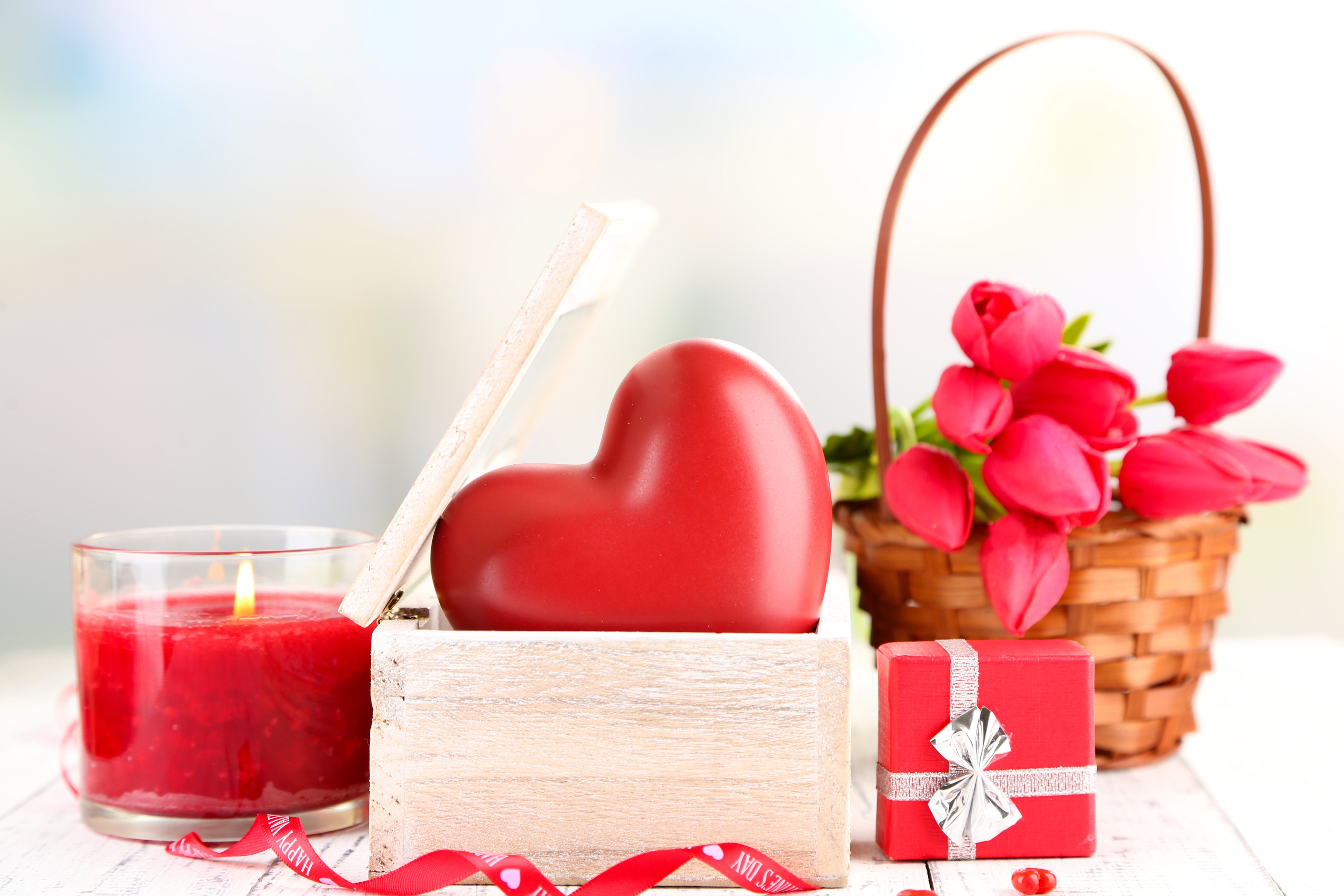 Valentine's Day Heart, Candle, Tulips, and Gifts HD Wallpaper