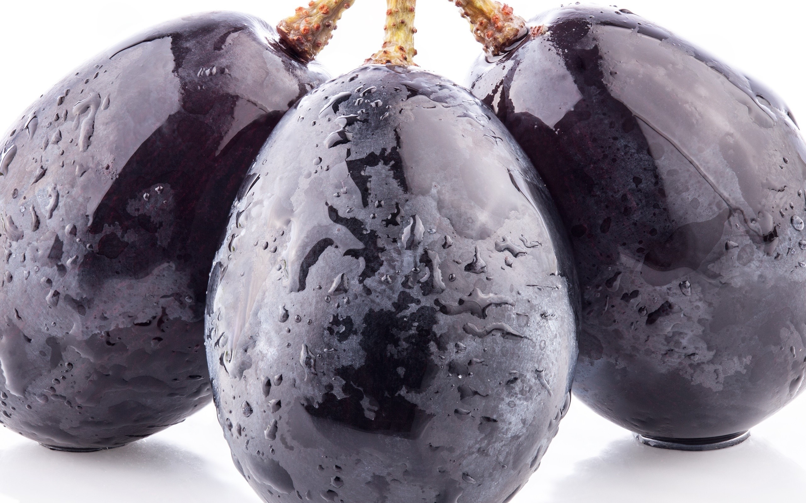 Three dark grapes with water droplets HD Wallpaper