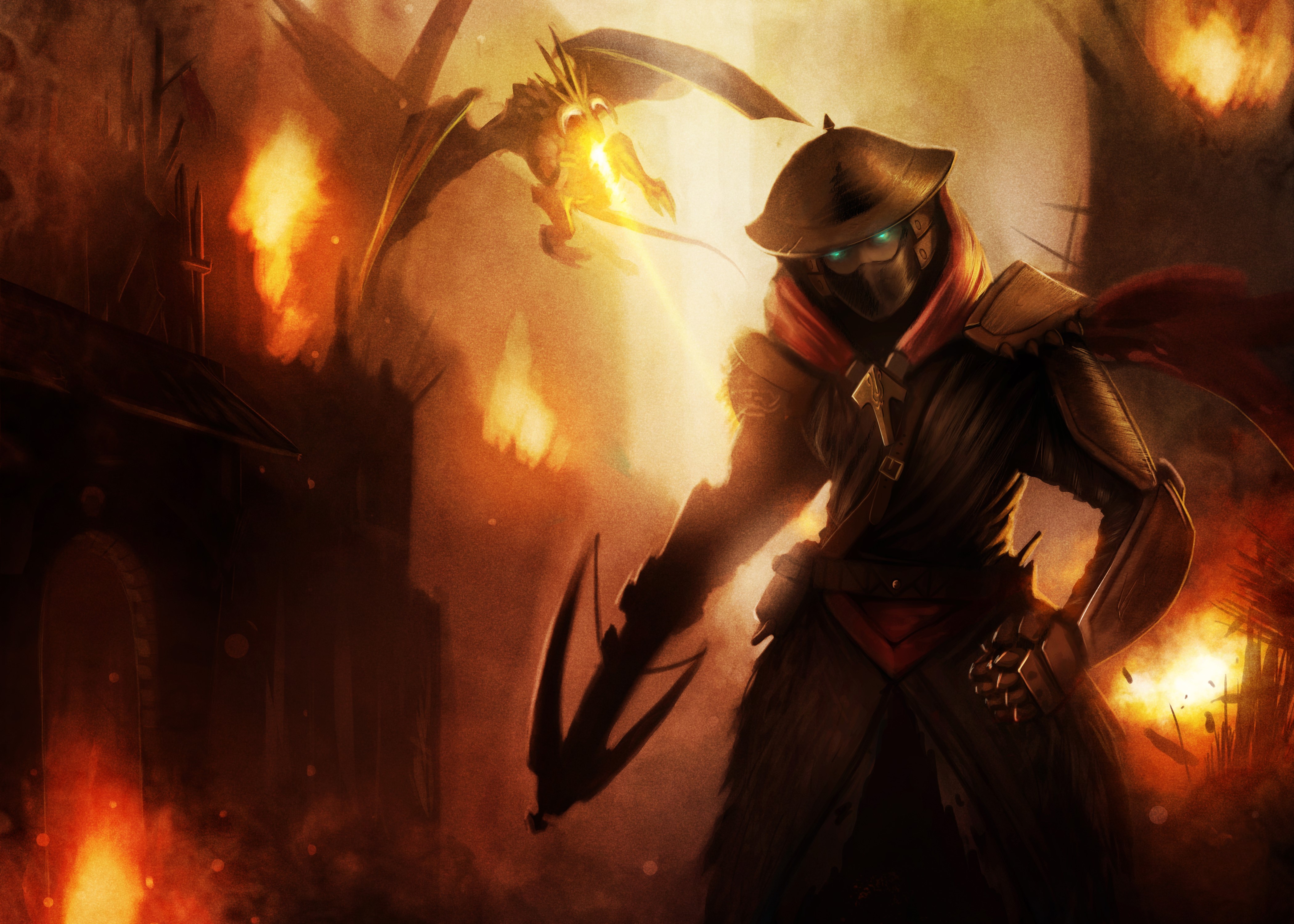 Warrior with mask and dragon in fire HD Wallpaper
