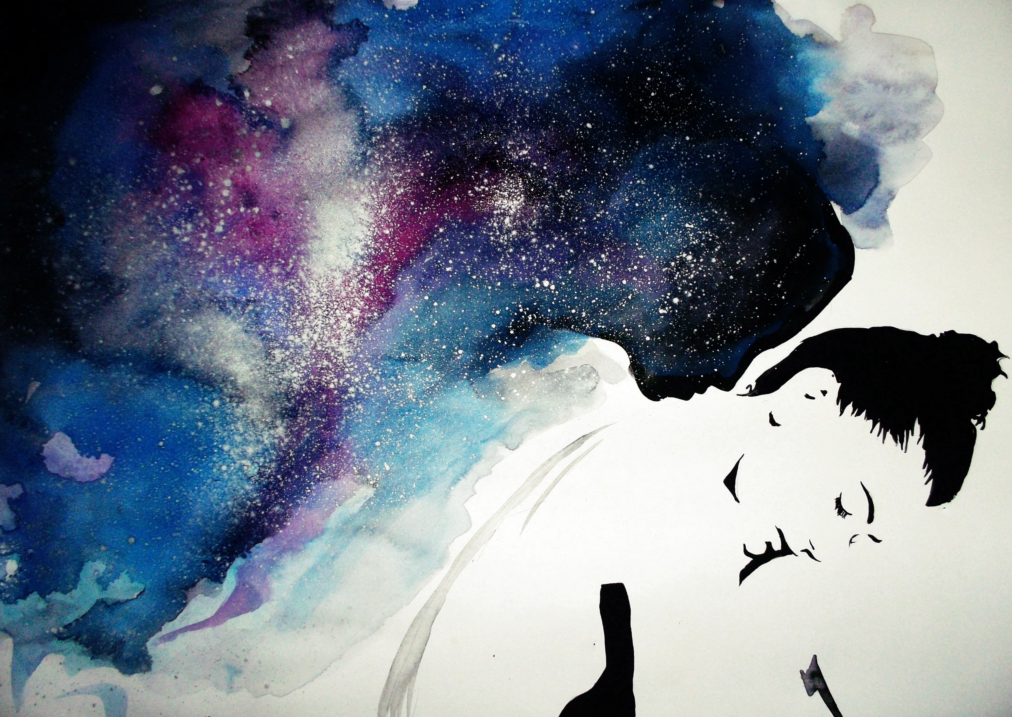 Watercolor painting of a person with galaxy in their head HD Wallpaper