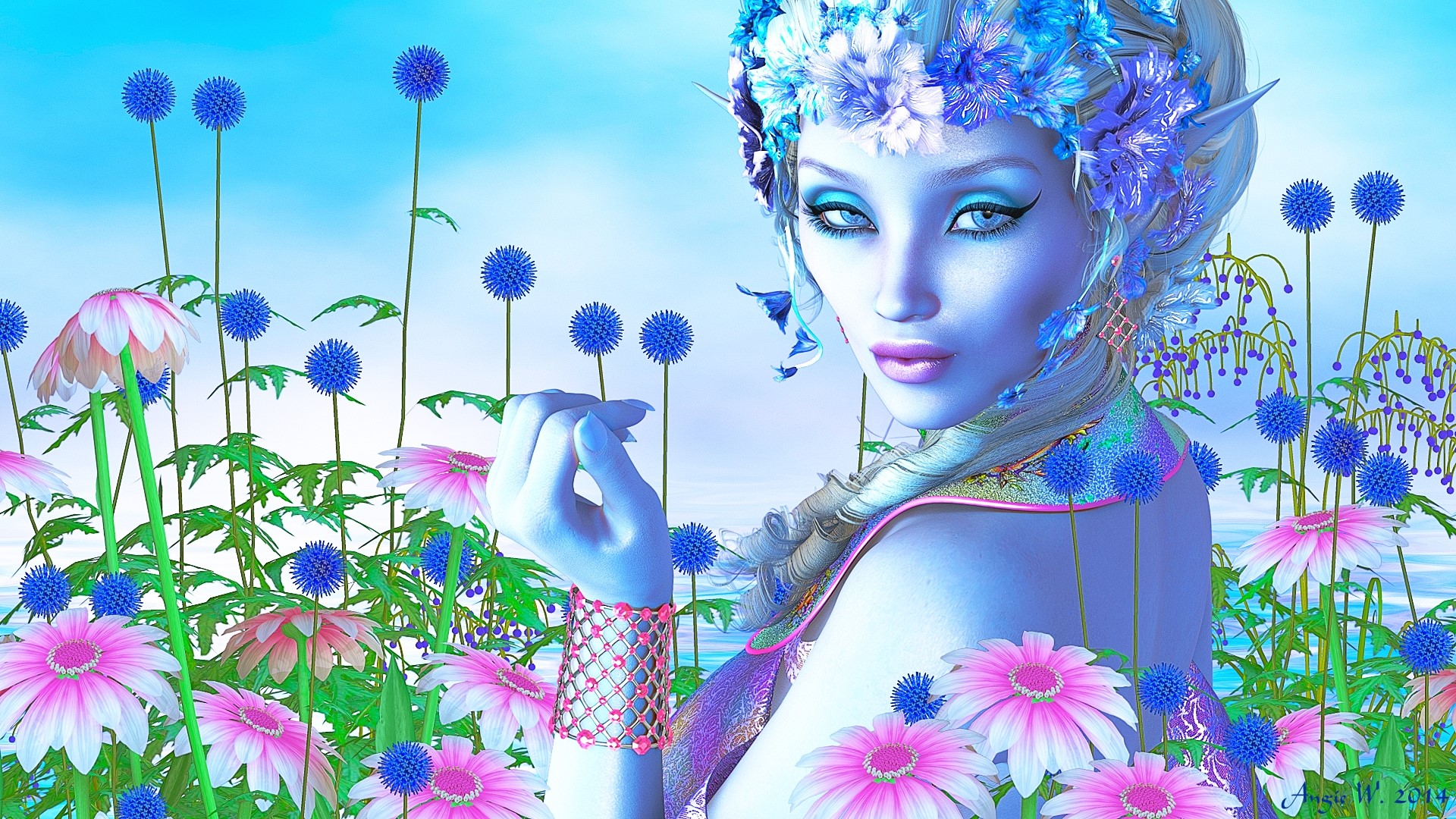 Elf woman with blue flowers and pink daisies HD Wallpaper