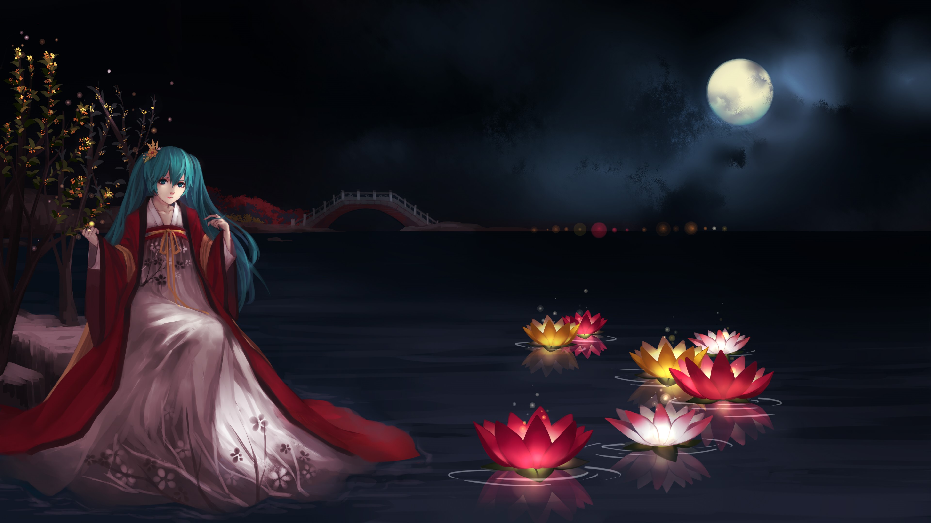 Hatsune Miku in Kimono by the Moonlit Pond HD Wallpaper