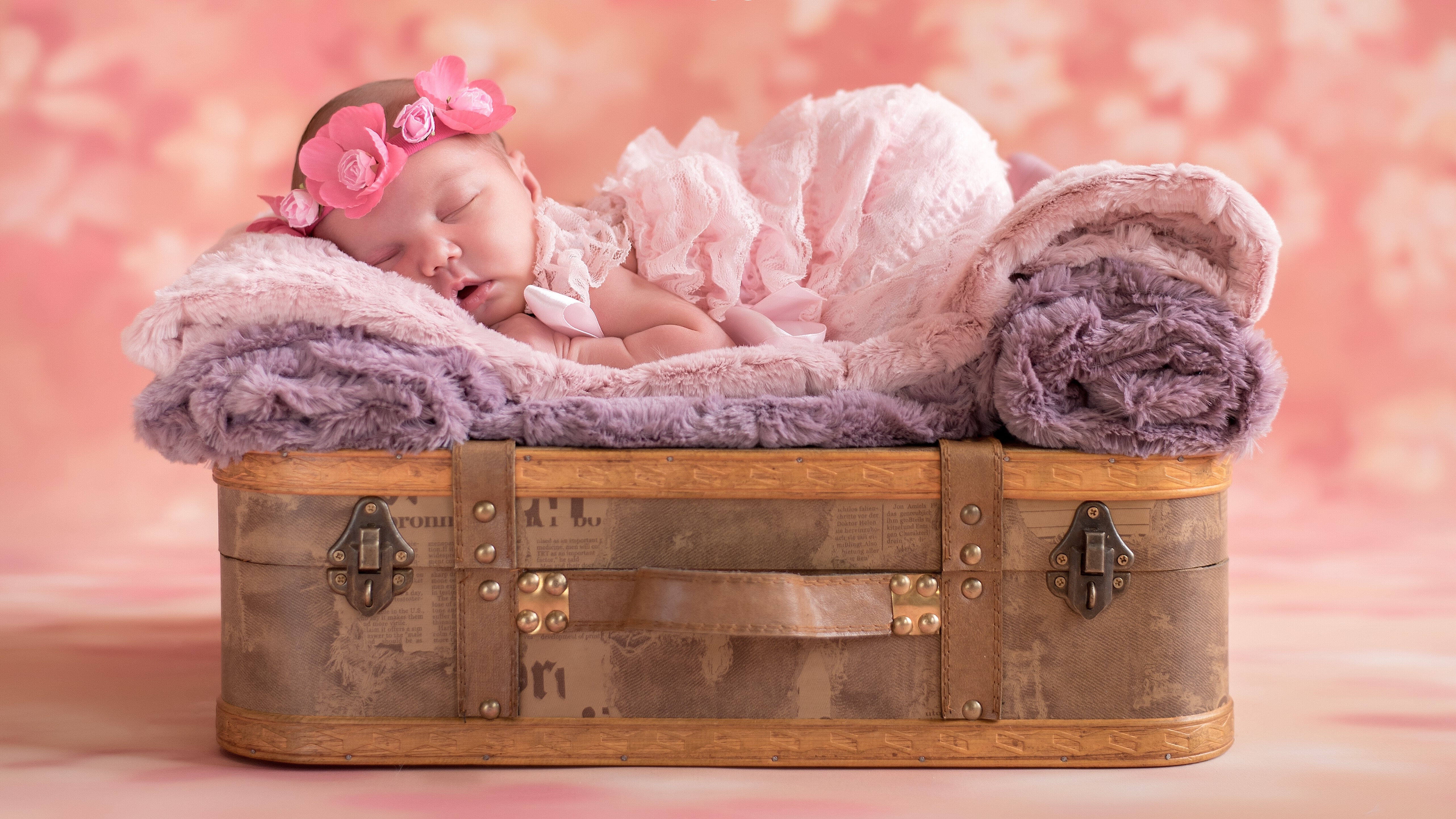 Newborn baby sleeping on a vintage suitcase HD Wallpaper