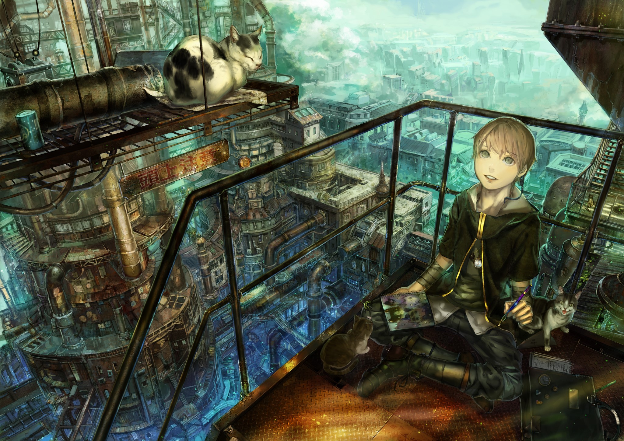 Young man and cats in a futuristic industrial city HD Wallpaper