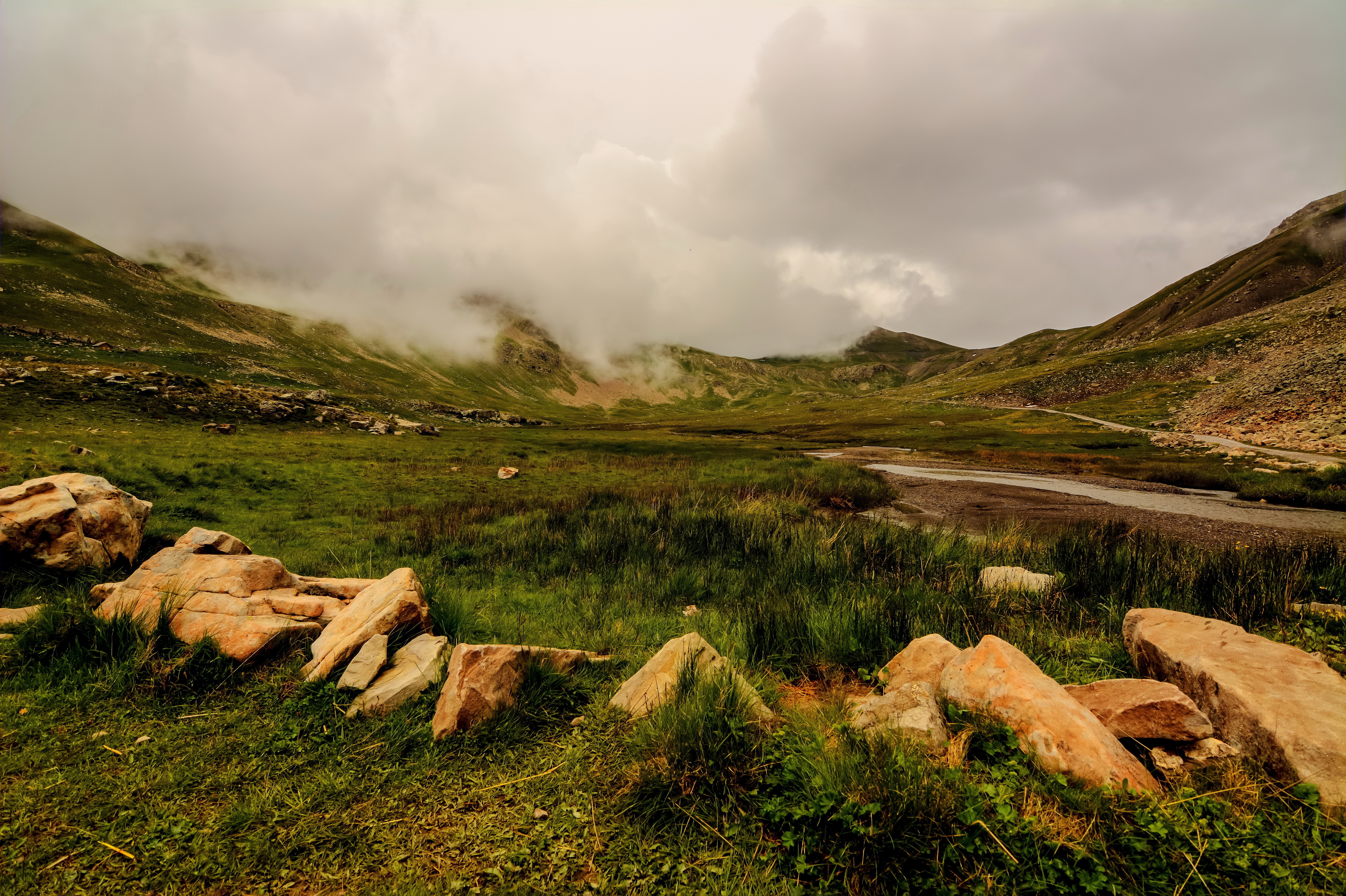 Mountains and valley with fog in the Alps, France HD Wallpaper