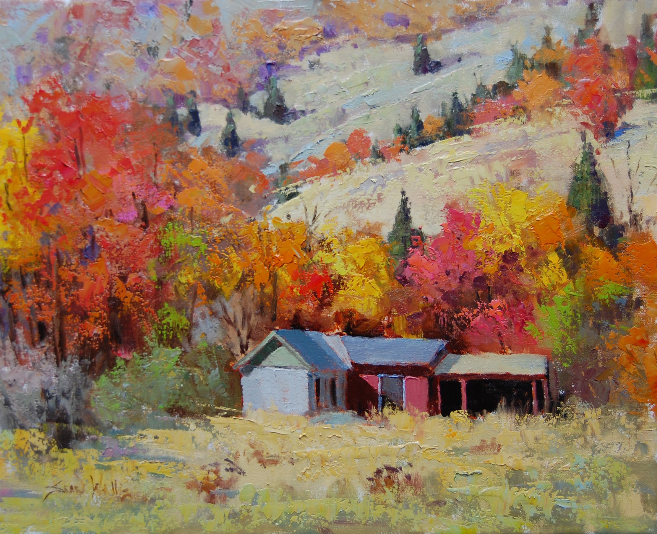 Autumn Landscape with Barns by Sean Wallis HD Wallpaper