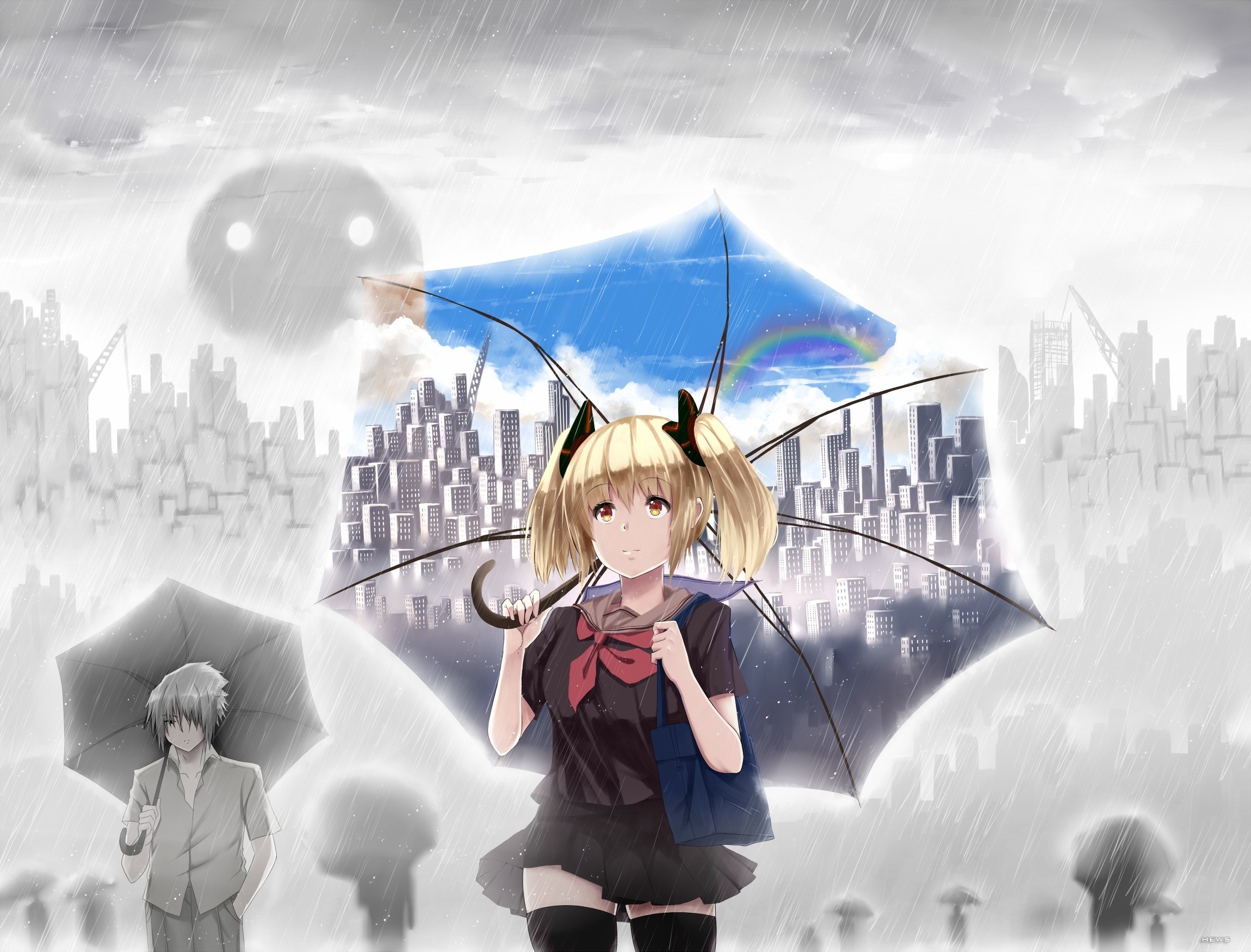 Girl with blonde pigtails holding an umbrella in the rain HD Wallpaper