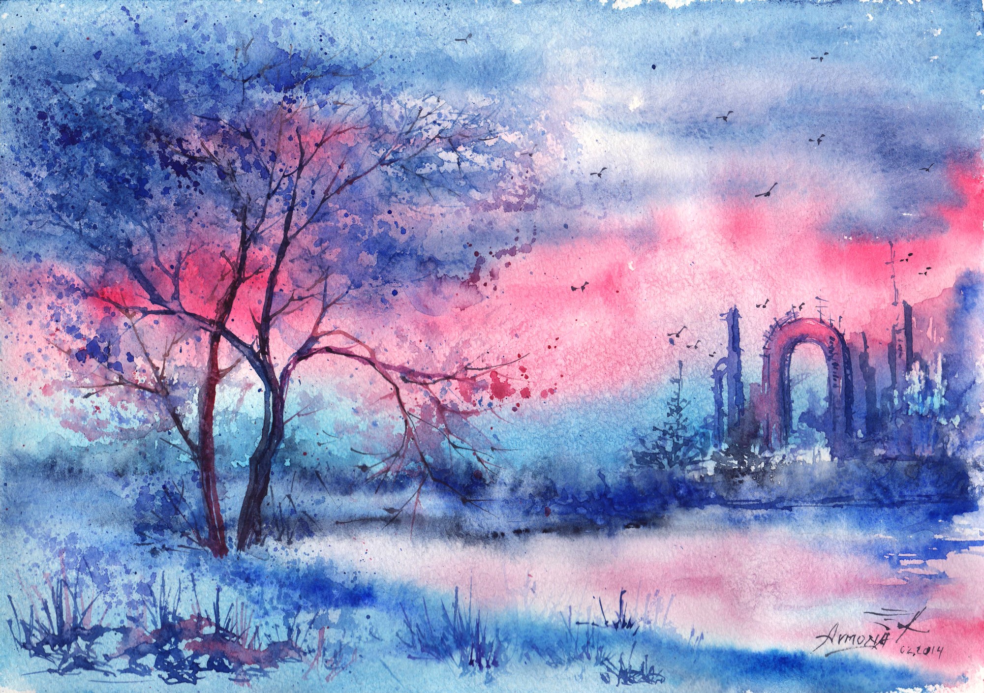 Watercolor painting of a tree and ruins at sunset HD Wallpaper