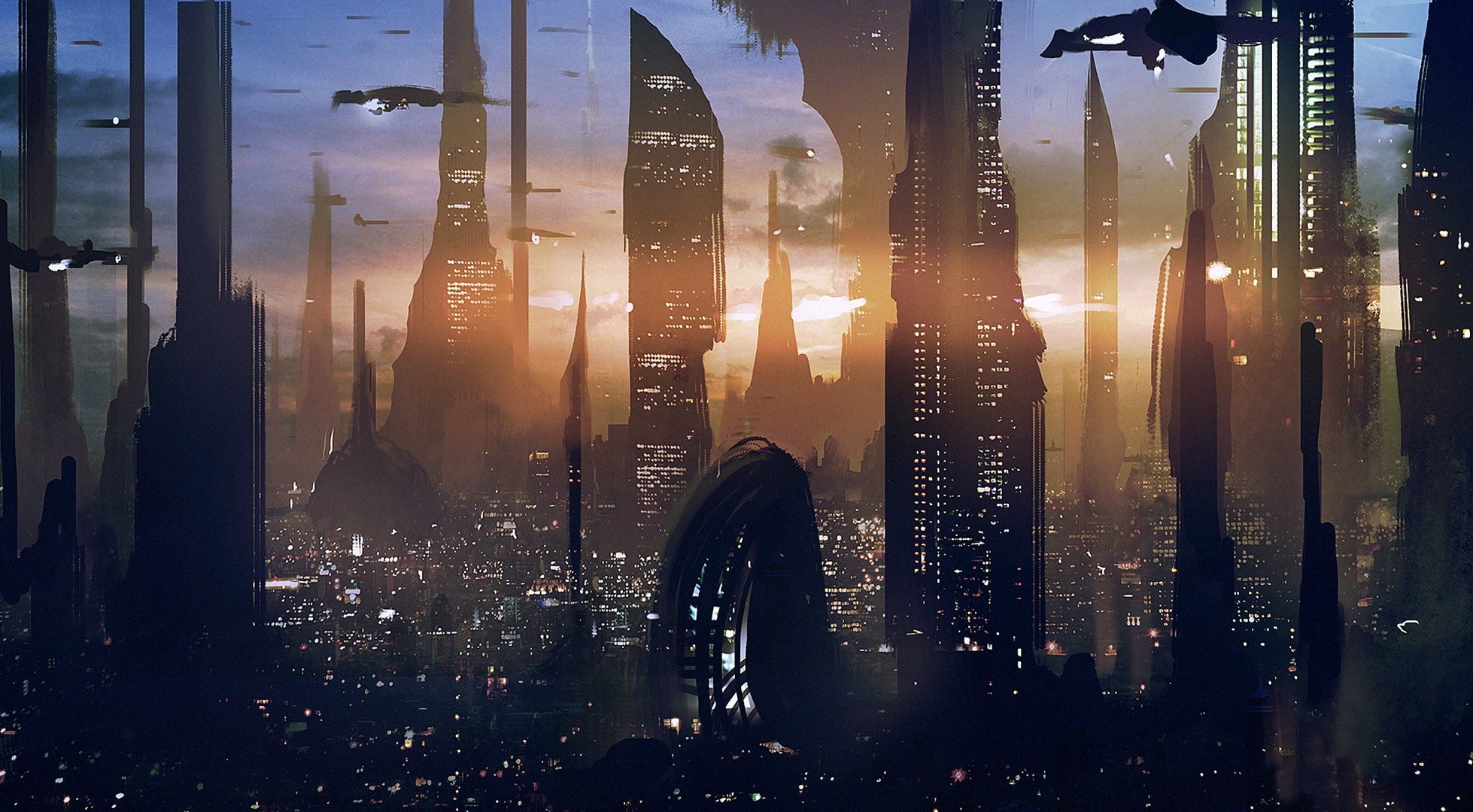 Futuristic Cityscape with Flying Vehicles at Sunset HD Wallpaper