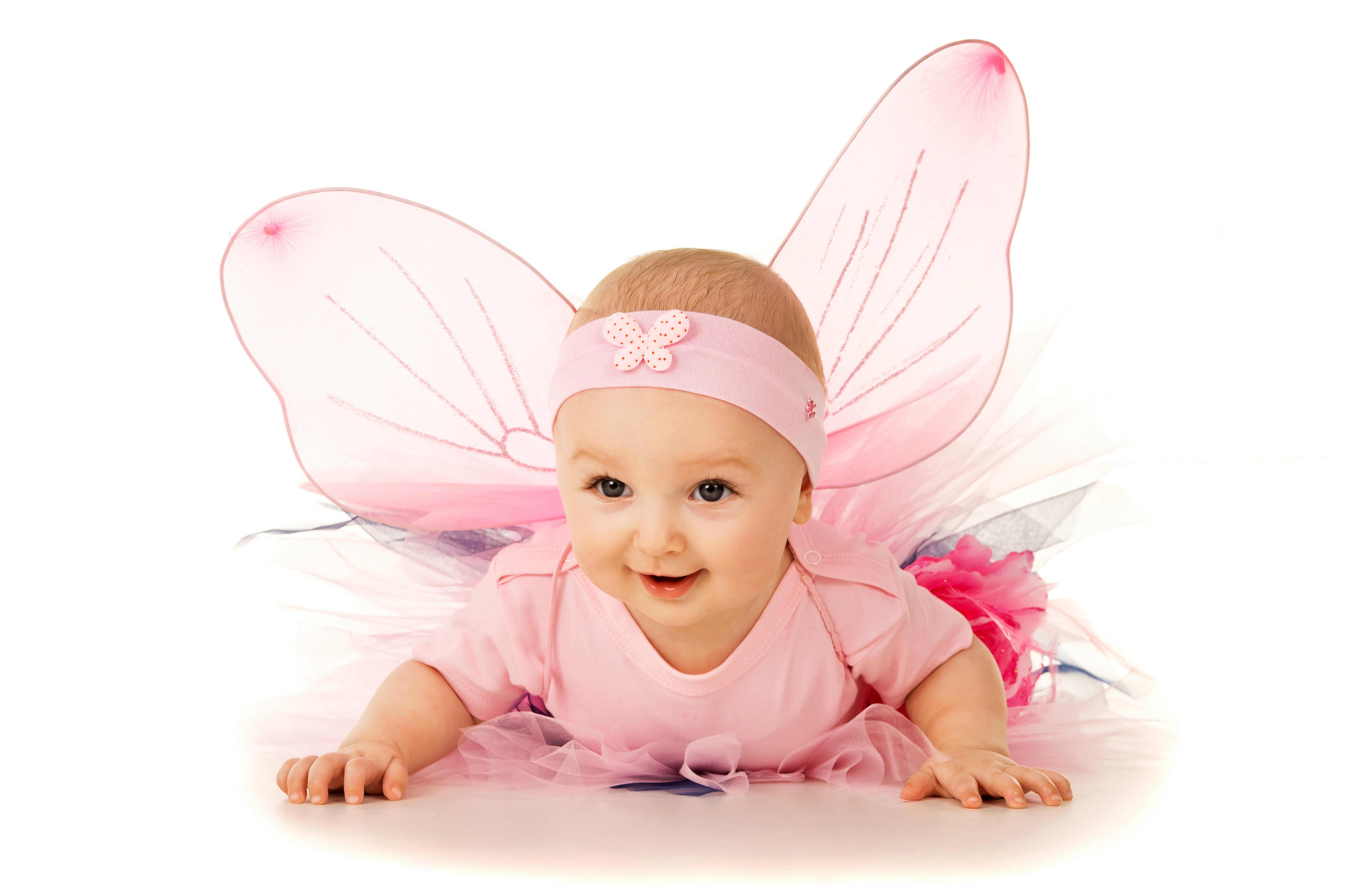 Baby in a pink fairy costume with butterfly wings HD Wallpaper