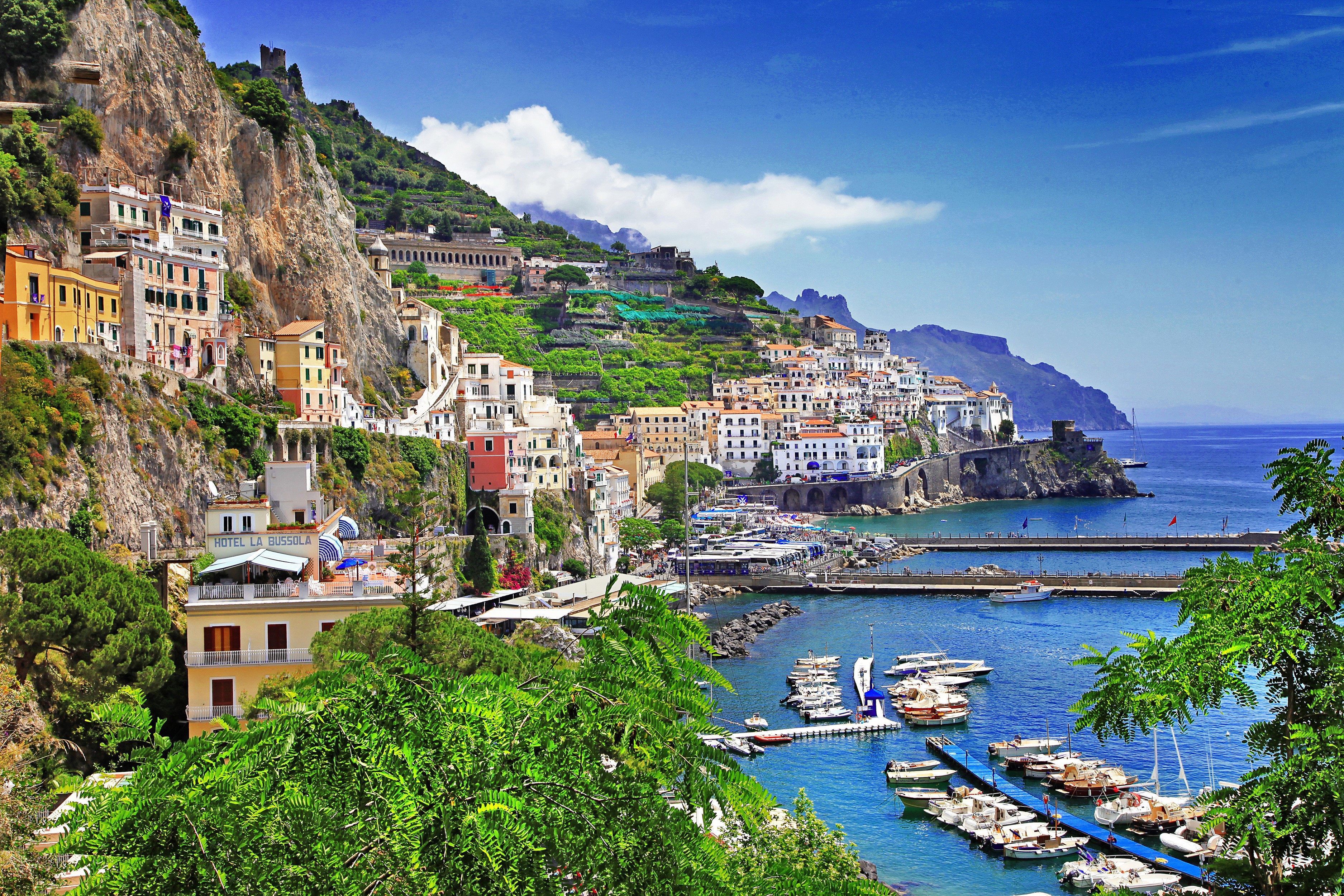 Amalfi Coast town with marina and mountains, Italy HD Wallpaper