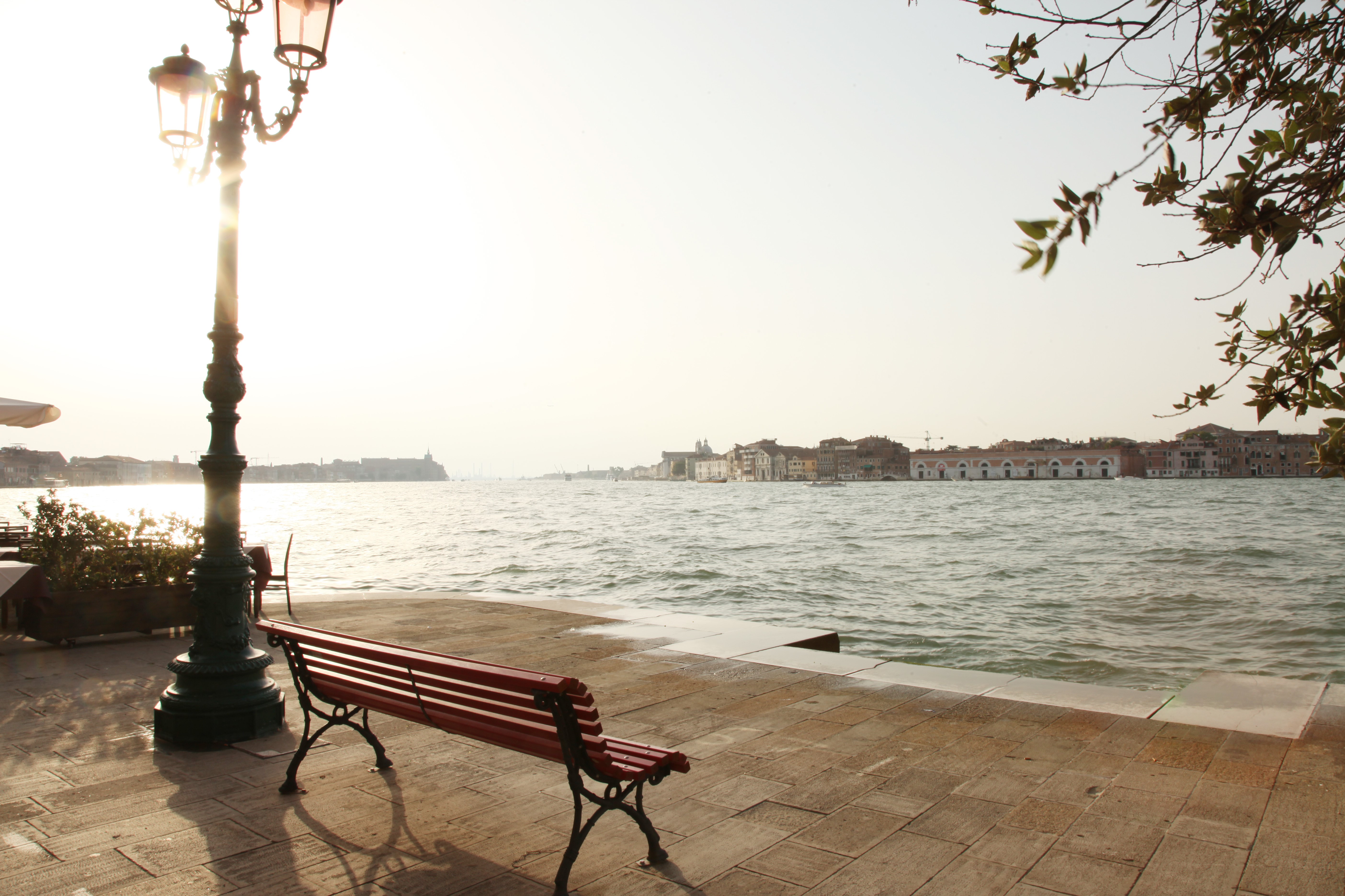 Venice canal with street light and bench HD Wallpaper