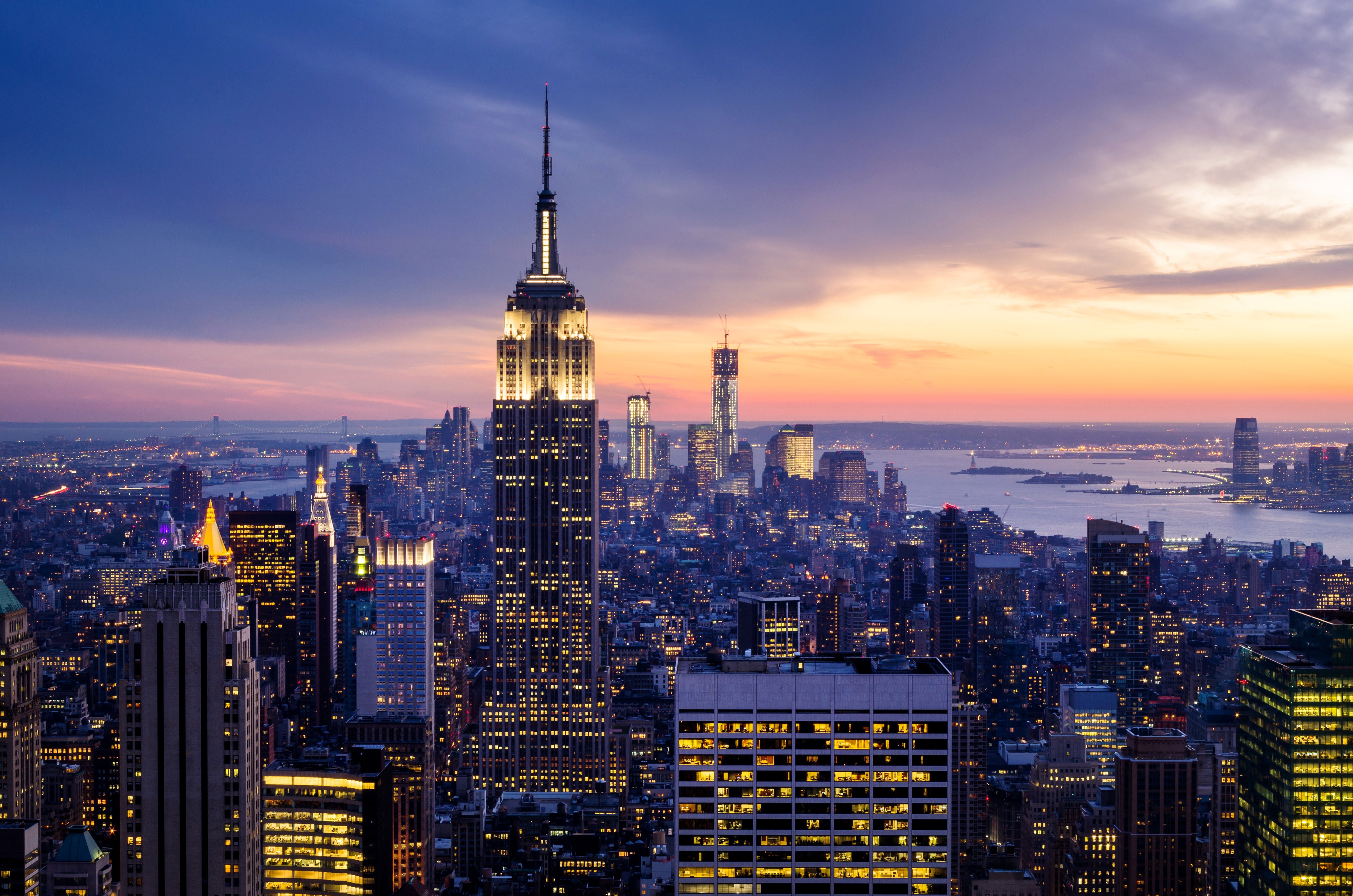 Empire State Building and New York City Skyline at Dusk HD Wallpaper