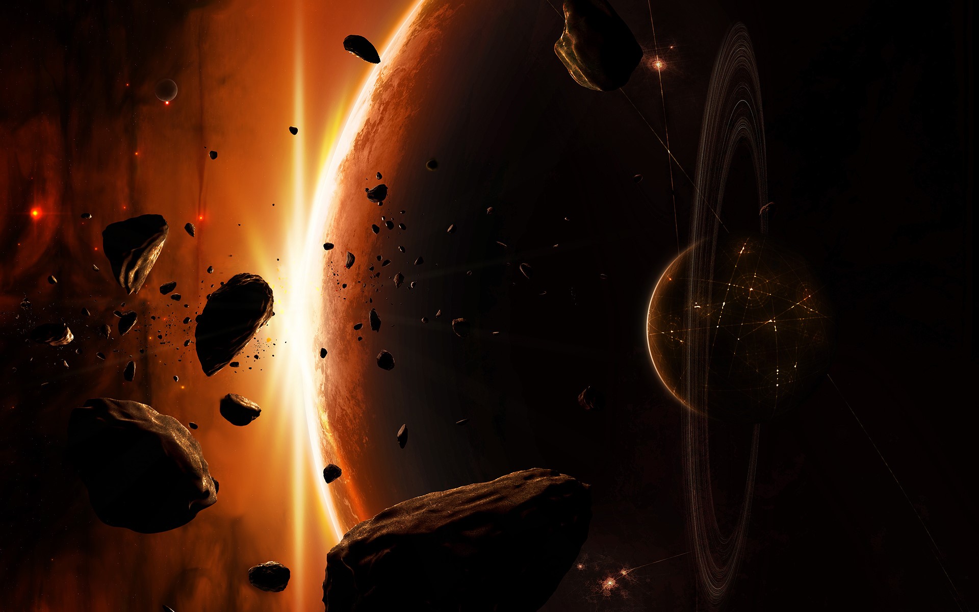 Planets and asteroids with rays of light HD Wallpaper