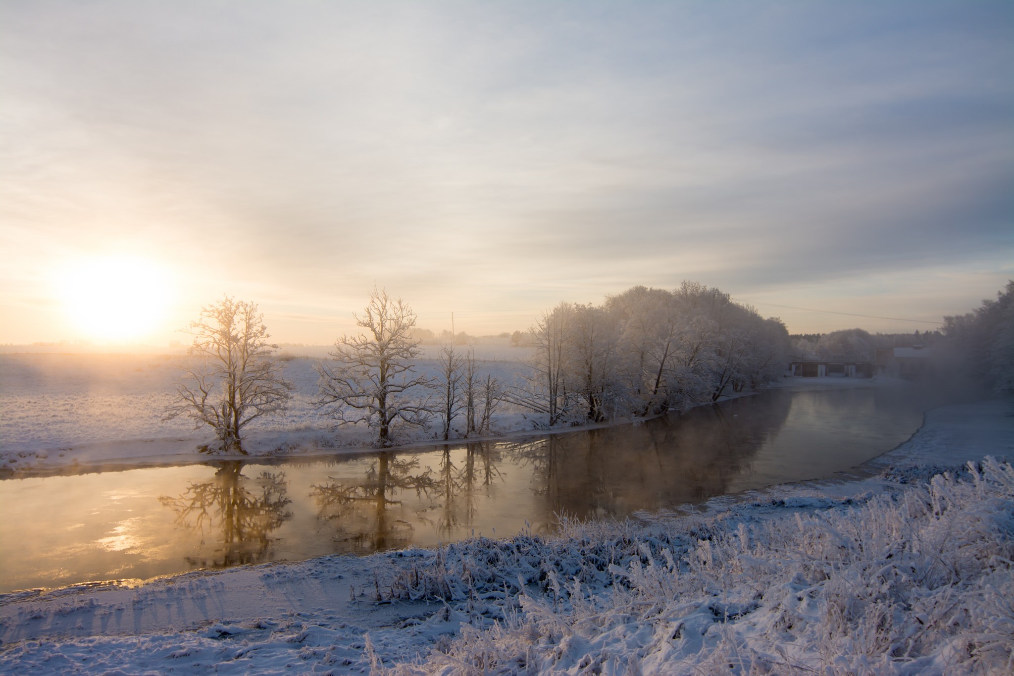 Winter sunrise over a frozen river with trees HD Wallpaper