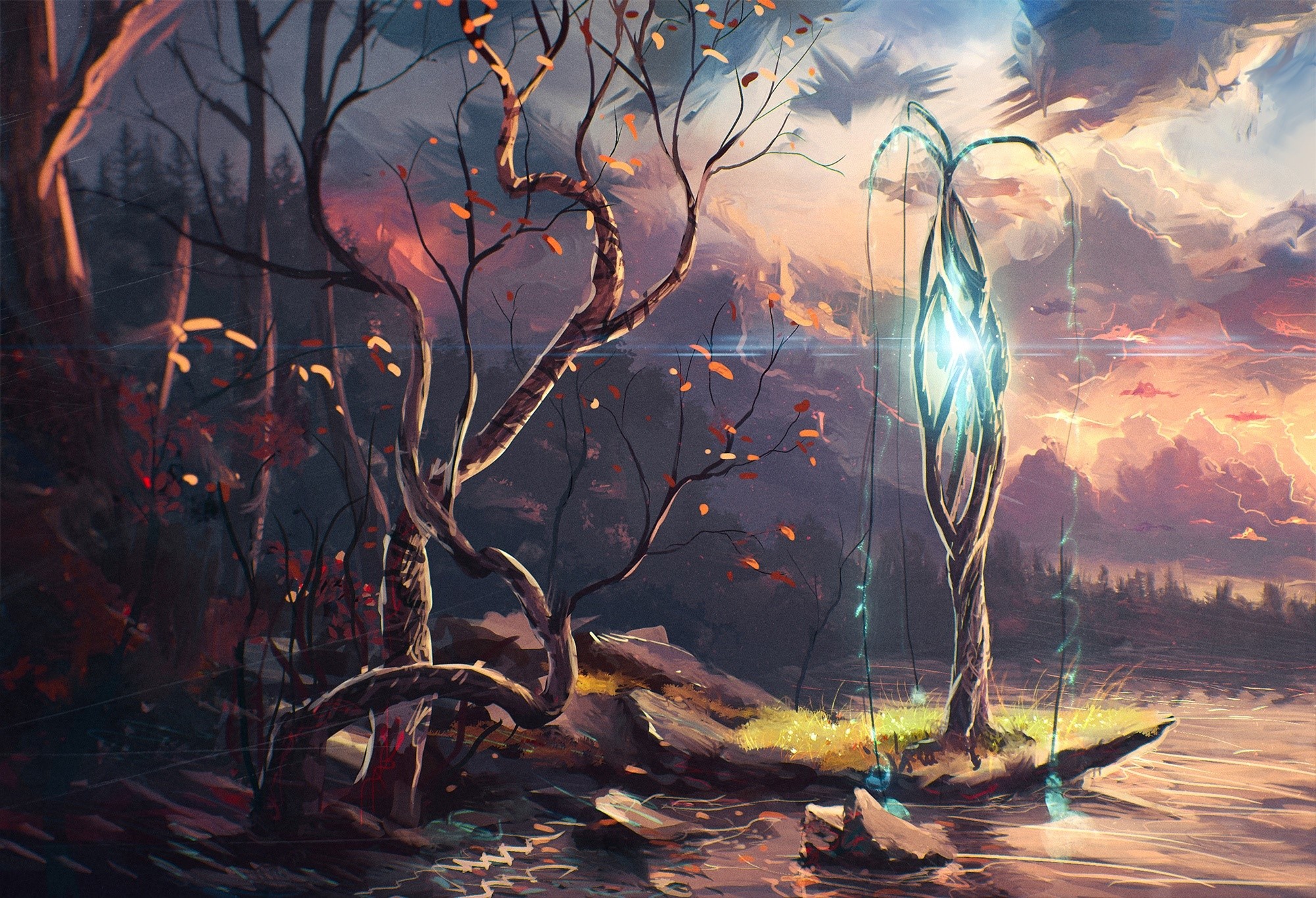 Fantasy forest with glowing crystal and stormy sky HD Wallpaper