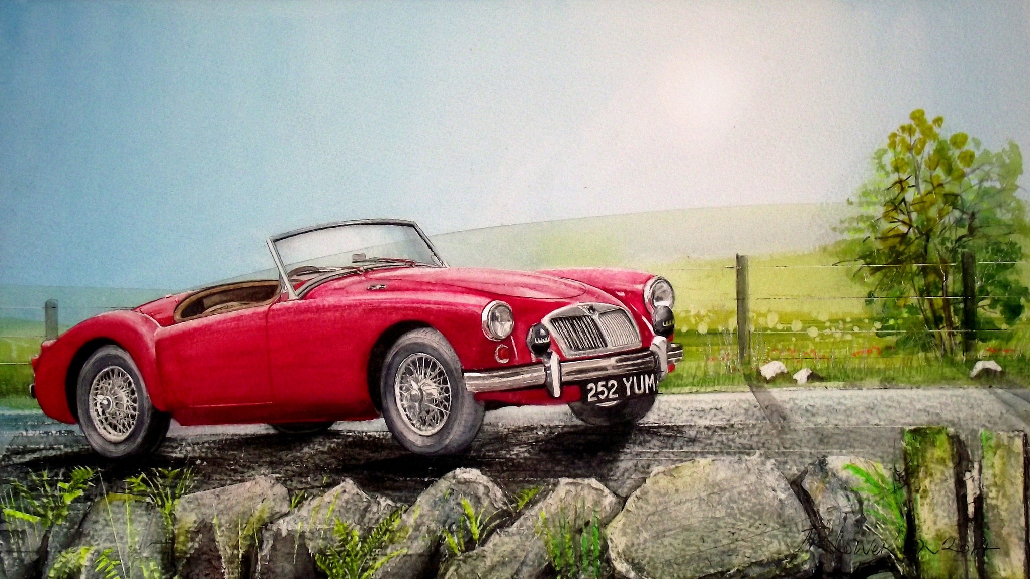 Red MG Barchetta convertible on a country road HD Wallpaper