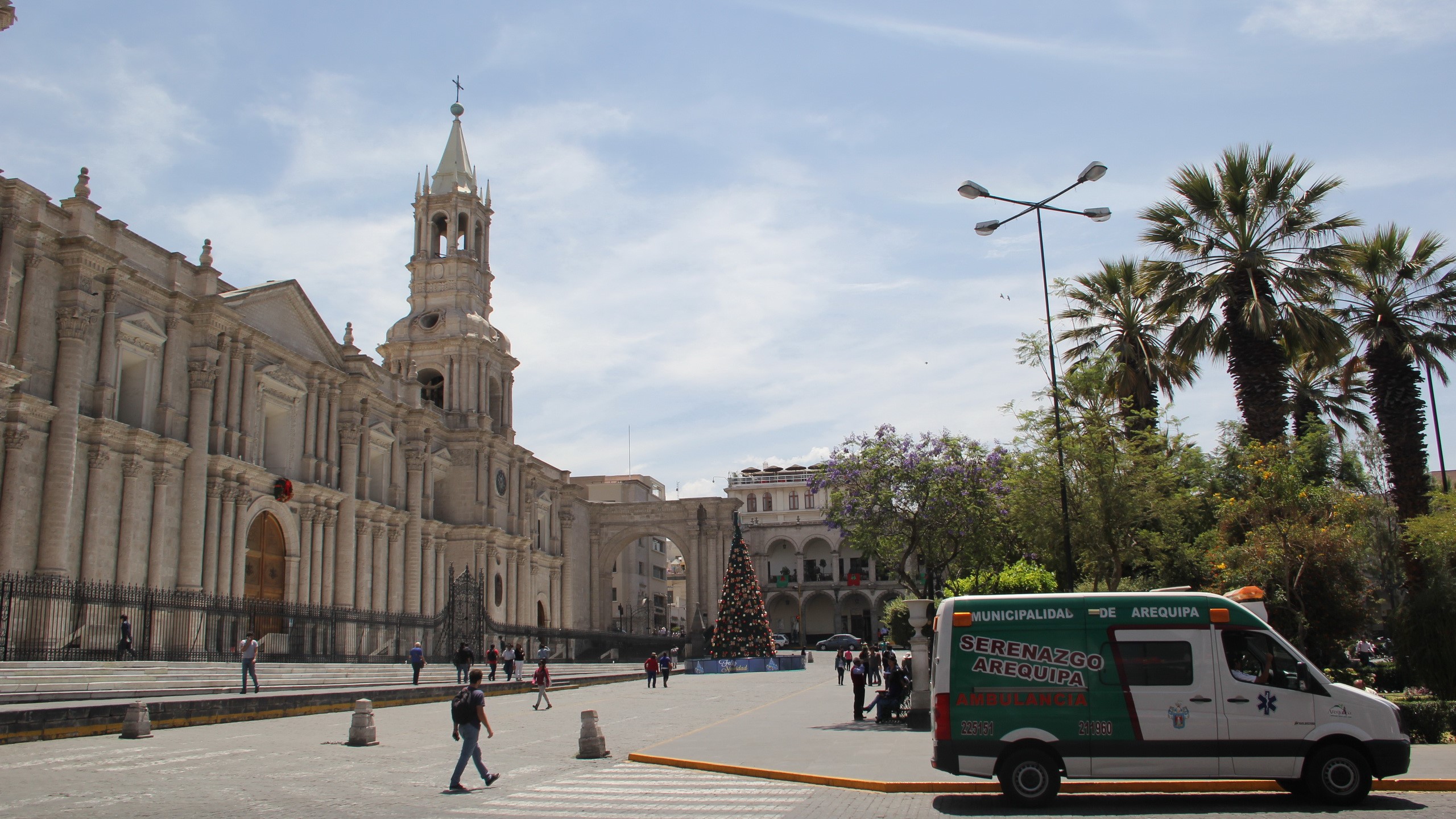 Cathedral and Plaza with Ambulance in Arequipa, Peru HD Wallpaper