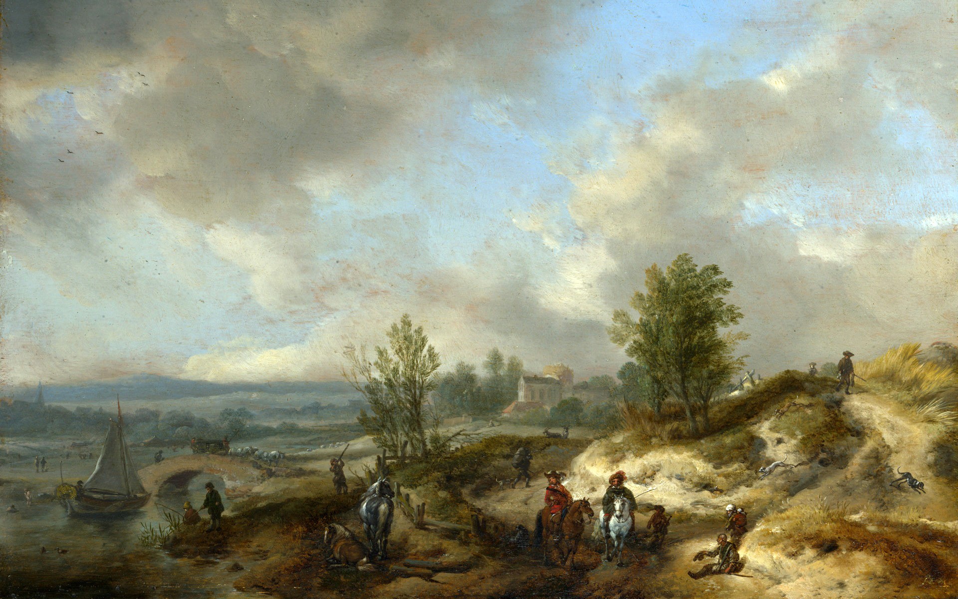 Landscape with figures and a sailboat HD Wallpaper