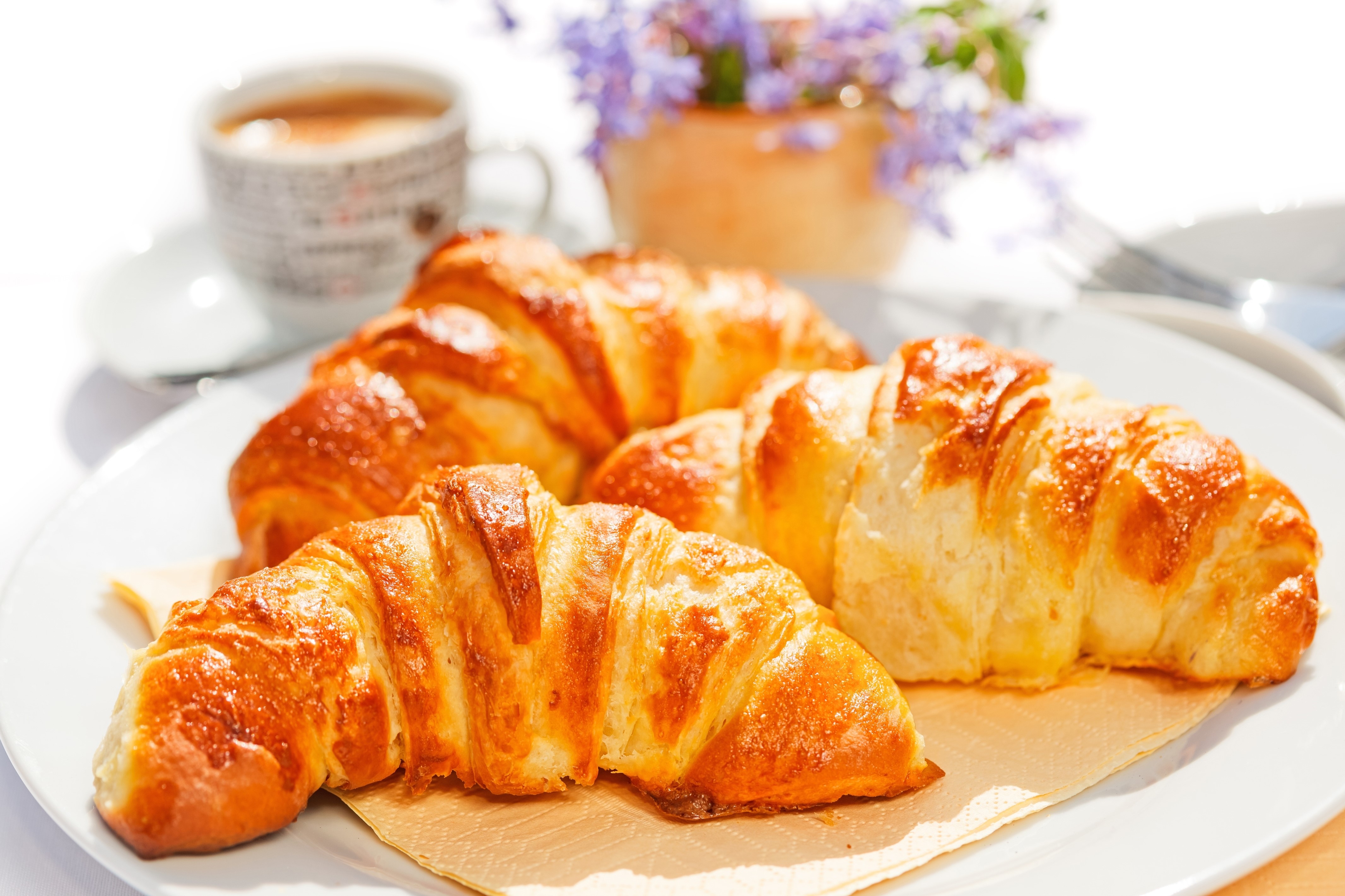 Four Croissants on a Plate with Coffee HD Wallpaper