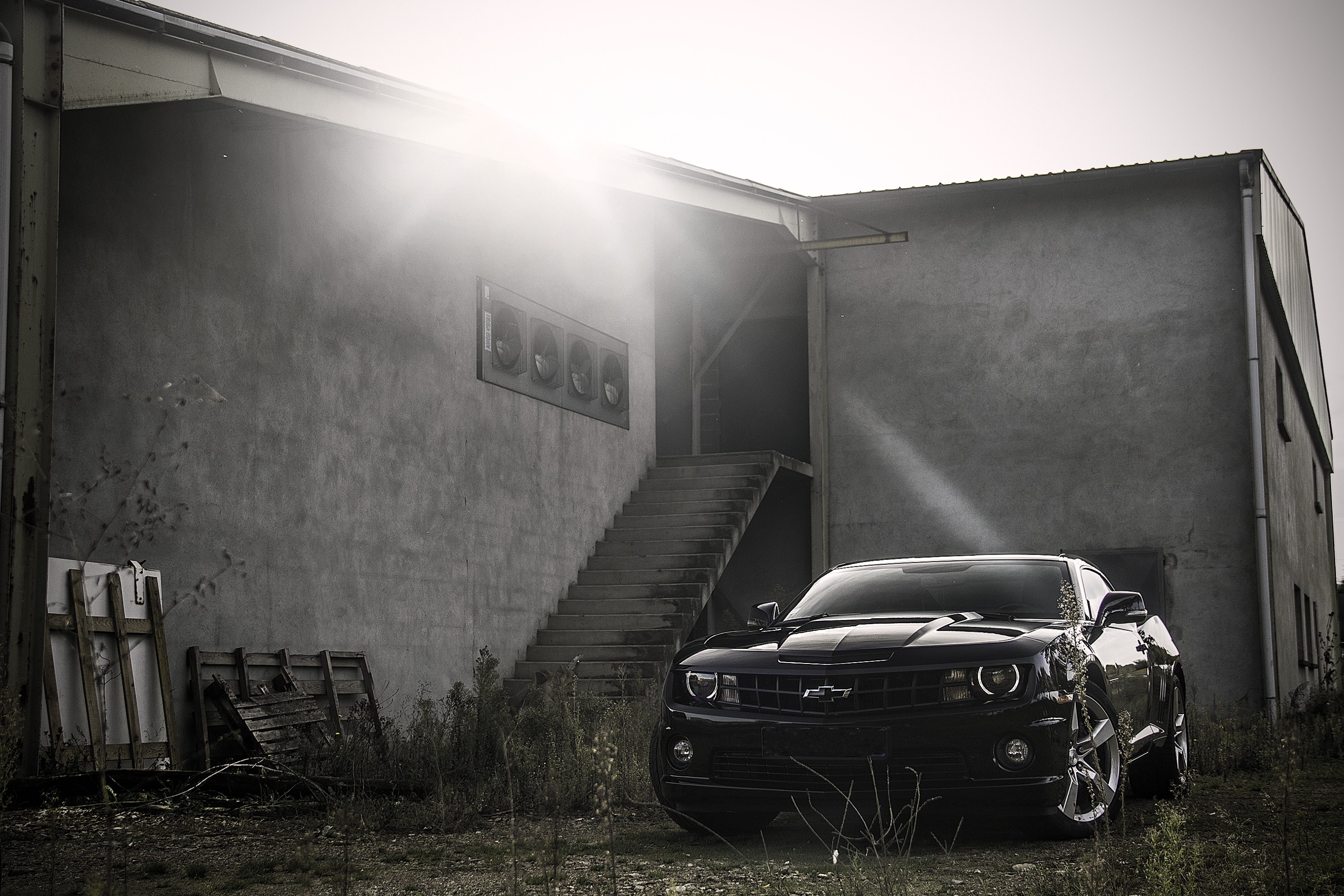 Black Chevrolet Camaro parked near a building HD Wallpaper