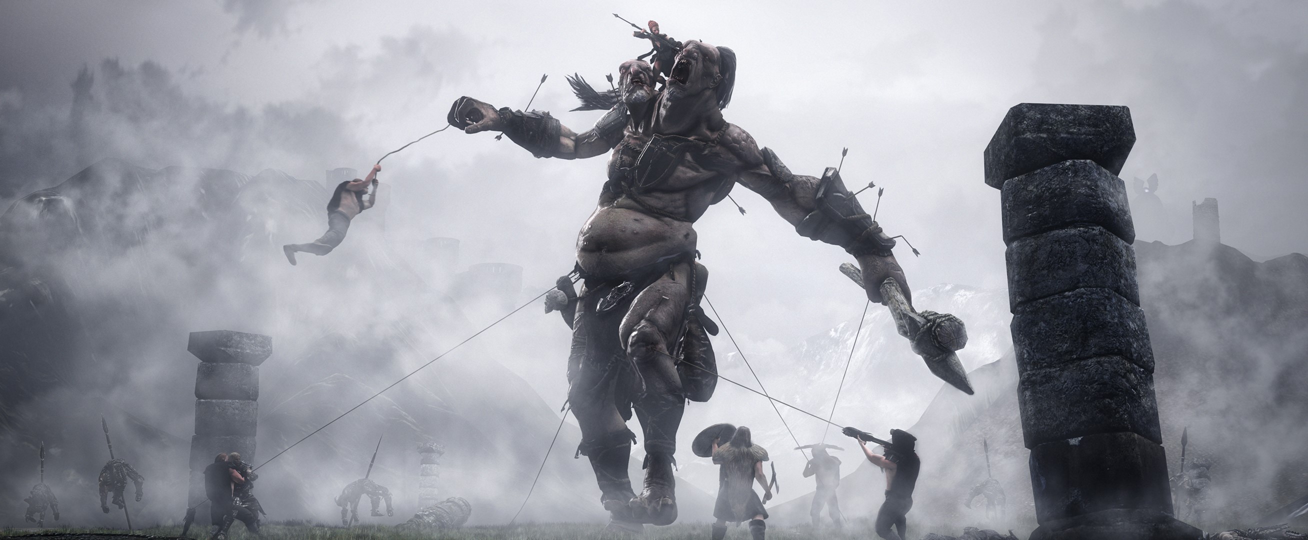 Giant monster attacked by warriors with arrows HD Wallpaper