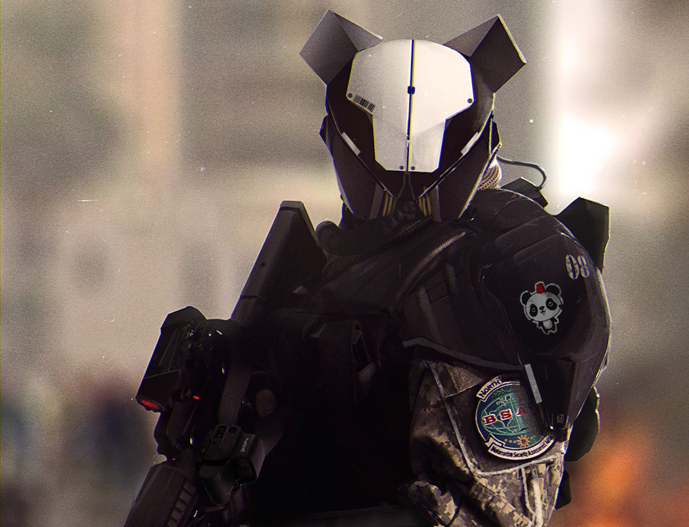 Soldier in futuristic armor with panda patch HD Wallpaper