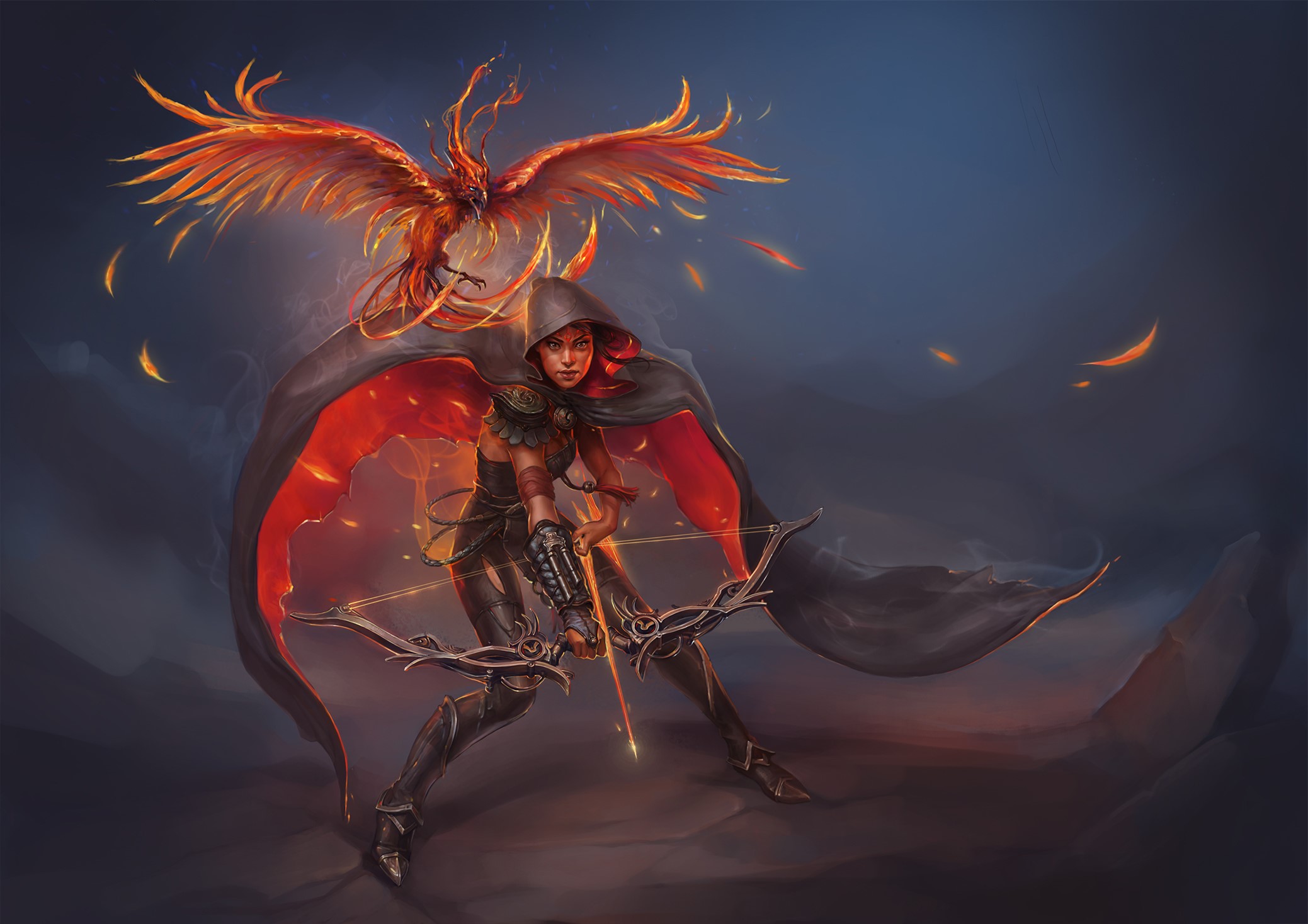 Archer with a fiery phoenix and bow HD Wallpaper