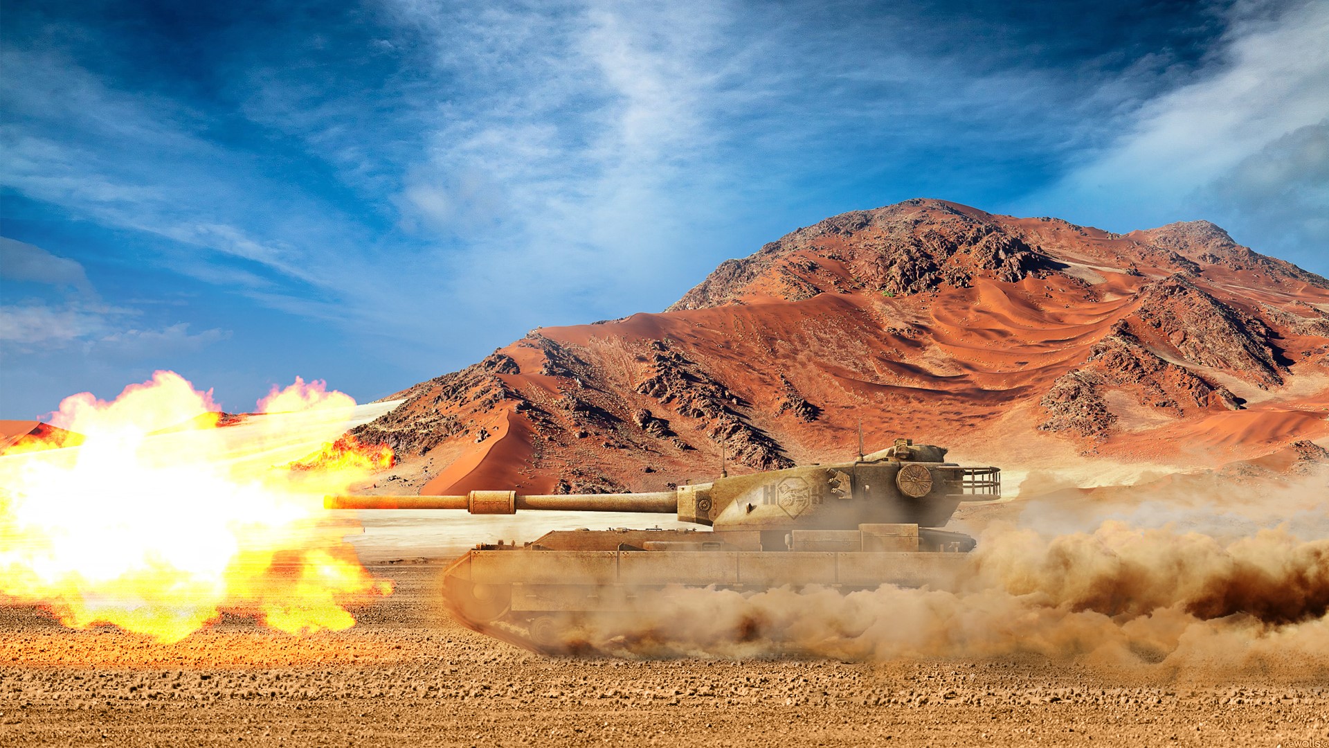FV215b tank firing in a desert landscape HD Wallpaper