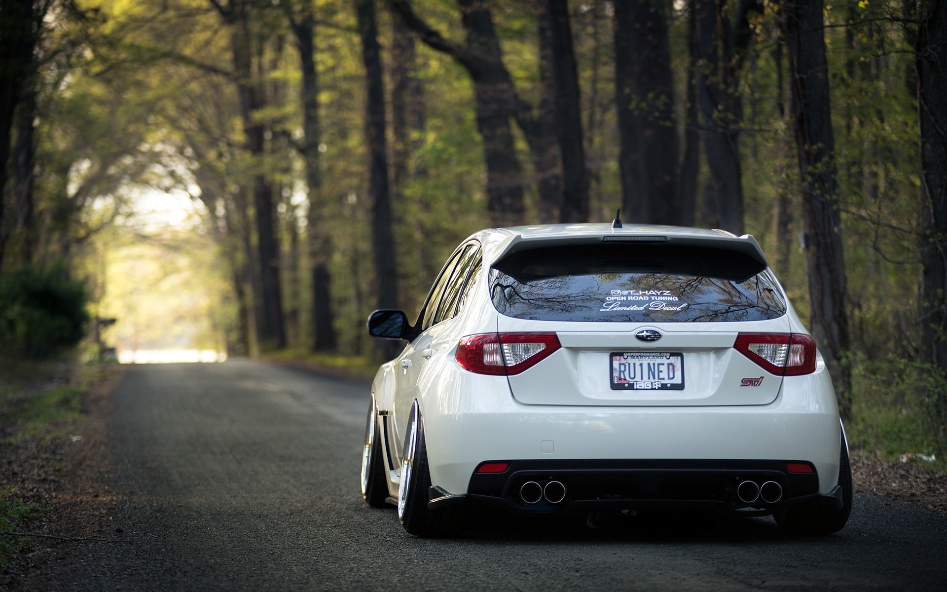 White Subaru Impreza WRX STI on a forest road HD Wallpaper