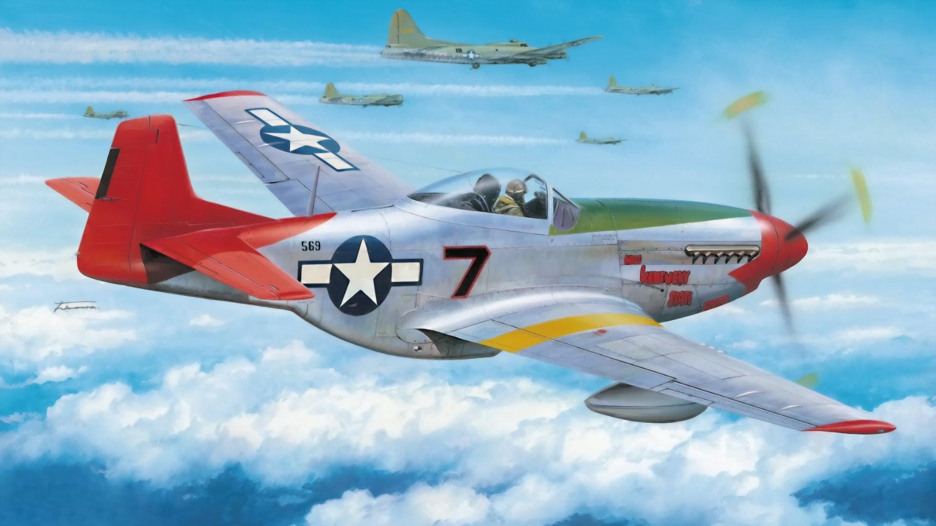 P-51 D Mustang with B-17 Bombers in Flight HD Wallpaper