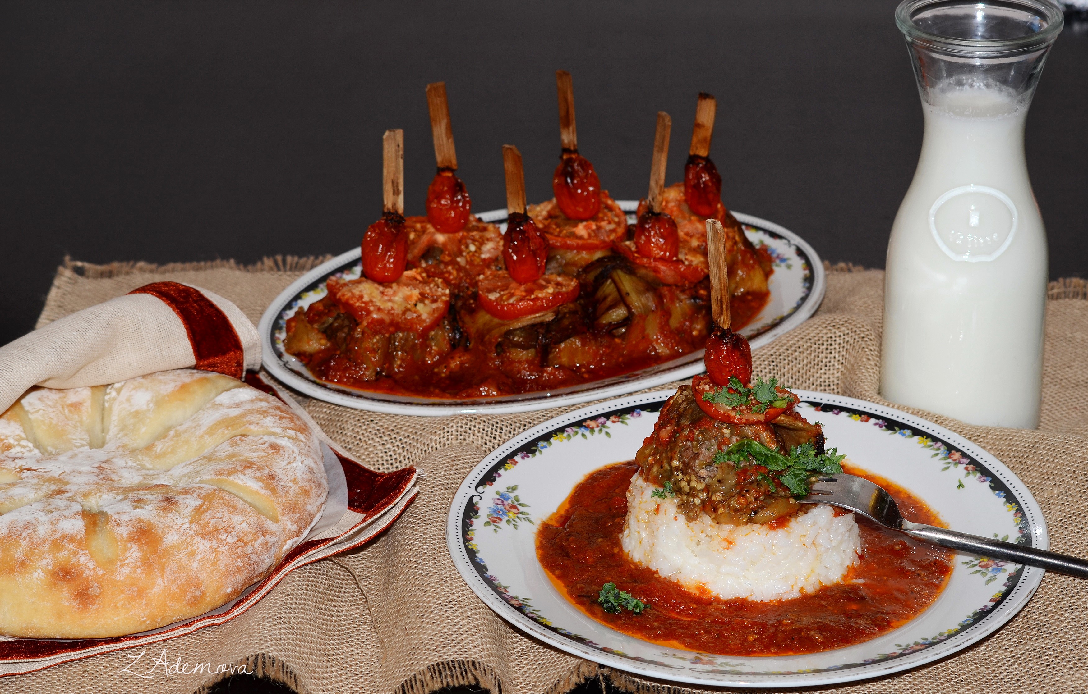 Eggplant and tomato dish with rice and bread HD Wallpaper