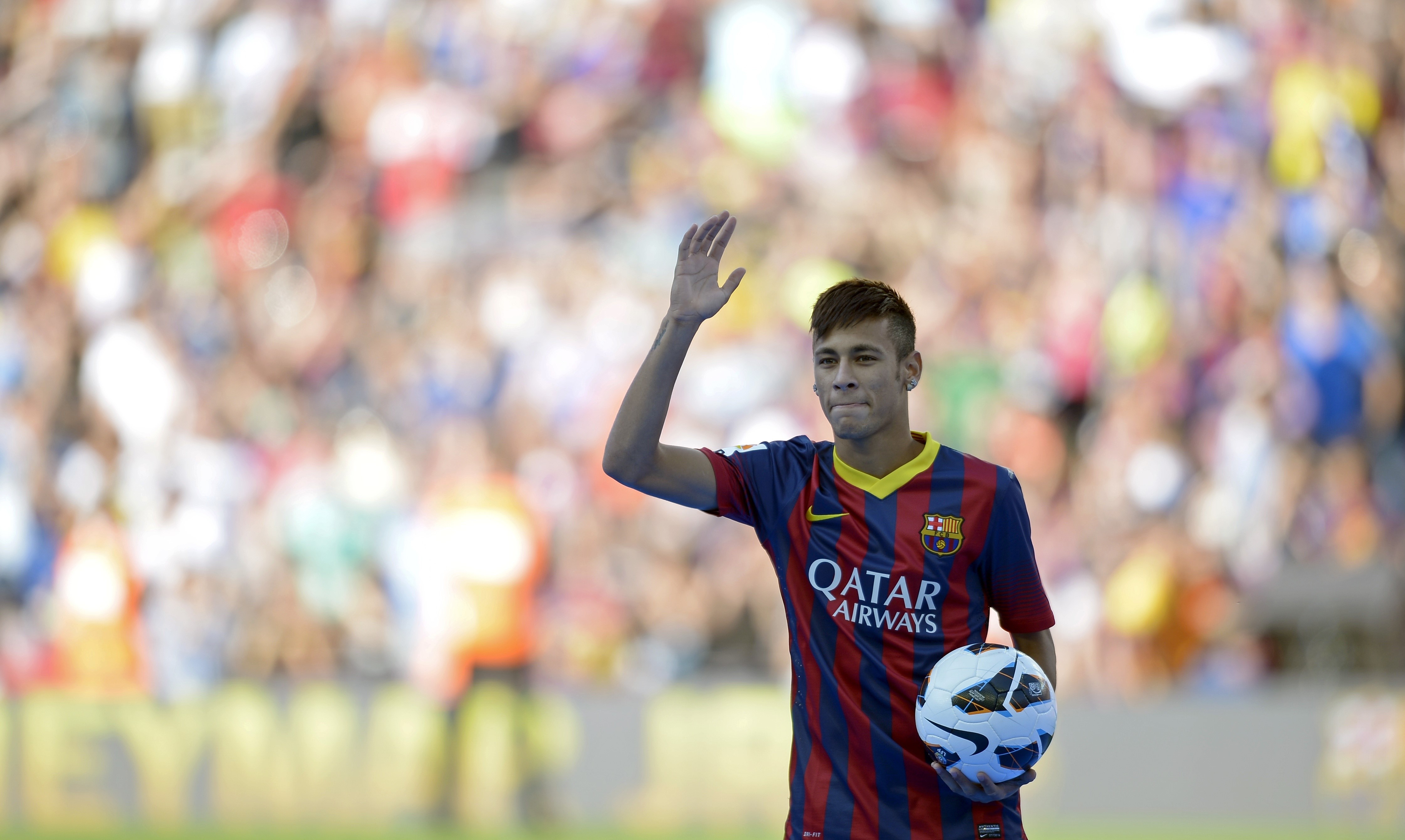 Neymar Jr. waving with a soccer ball HD Wallpaper