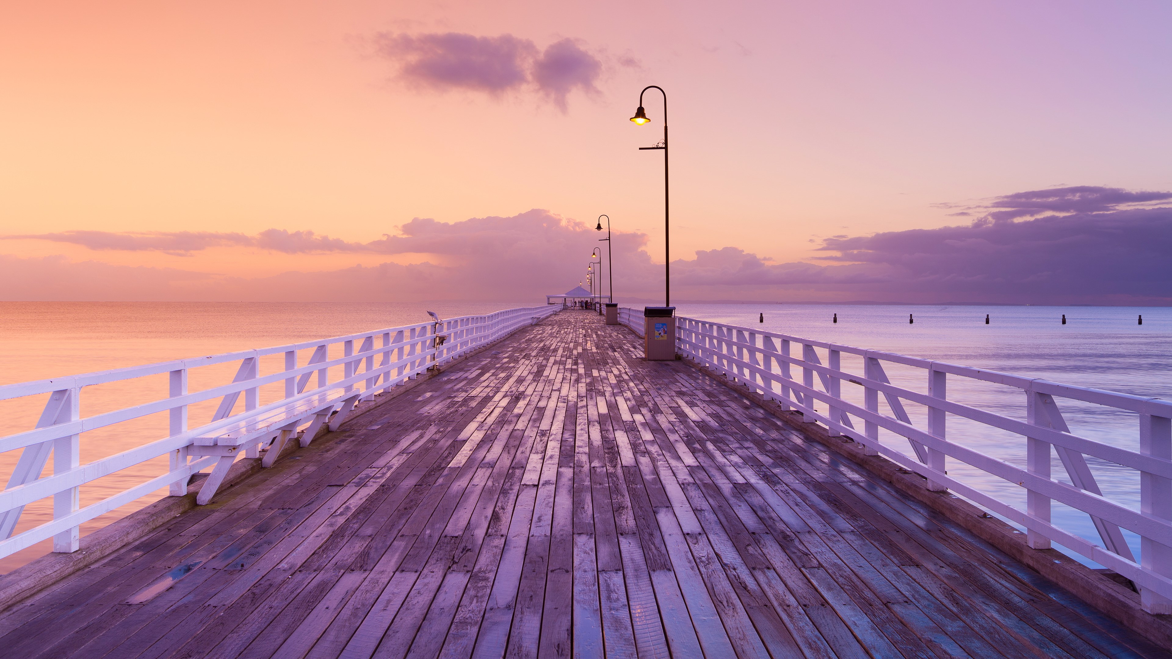 Pier at Sunset with Ocean and Clouds HD Wallpaper